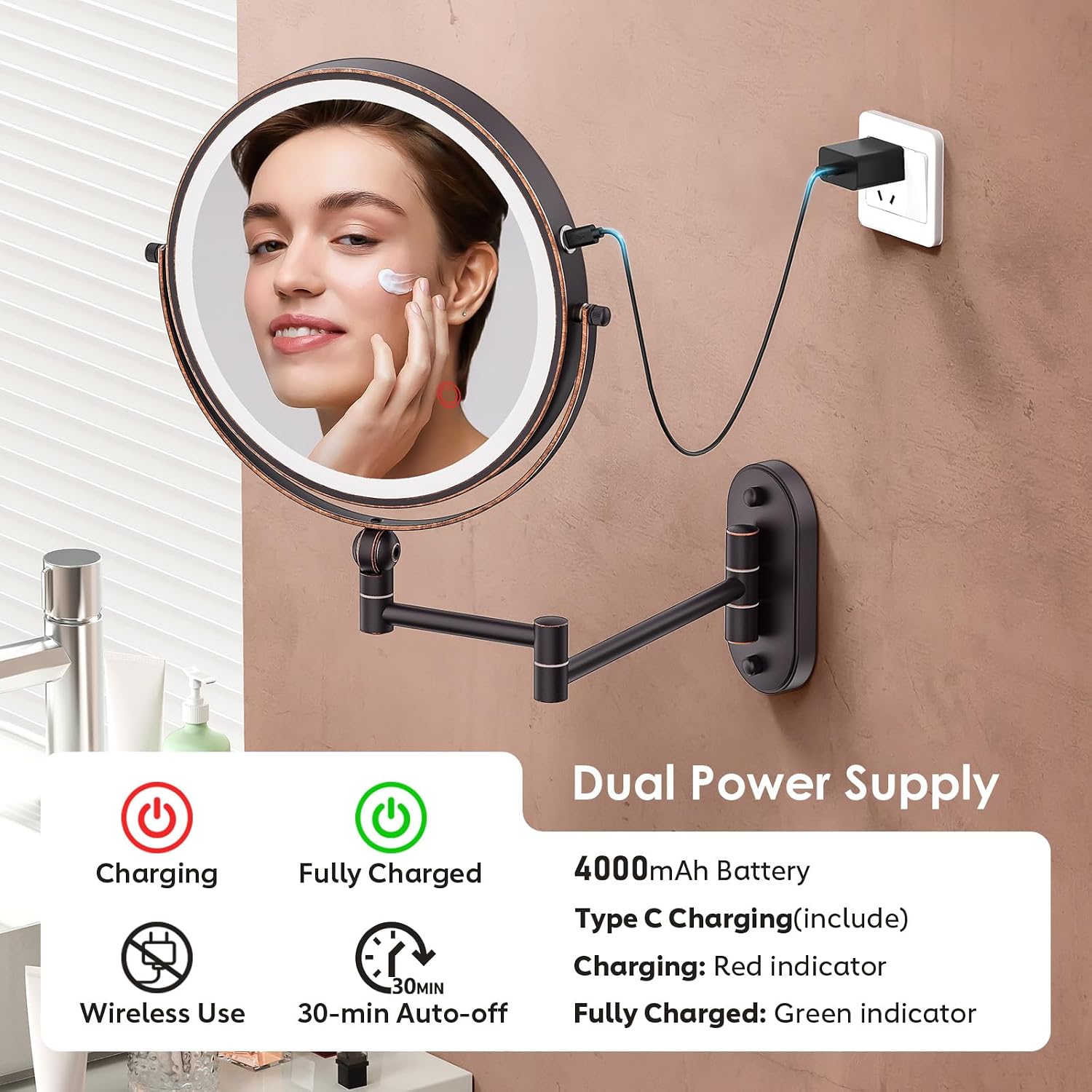 Thumbnail 3 de 9-Inch Wall Mounted Lighted Makeup Mirror with 30X Magnification, Rechargeable, 3-Color Lights and Extendable Arm