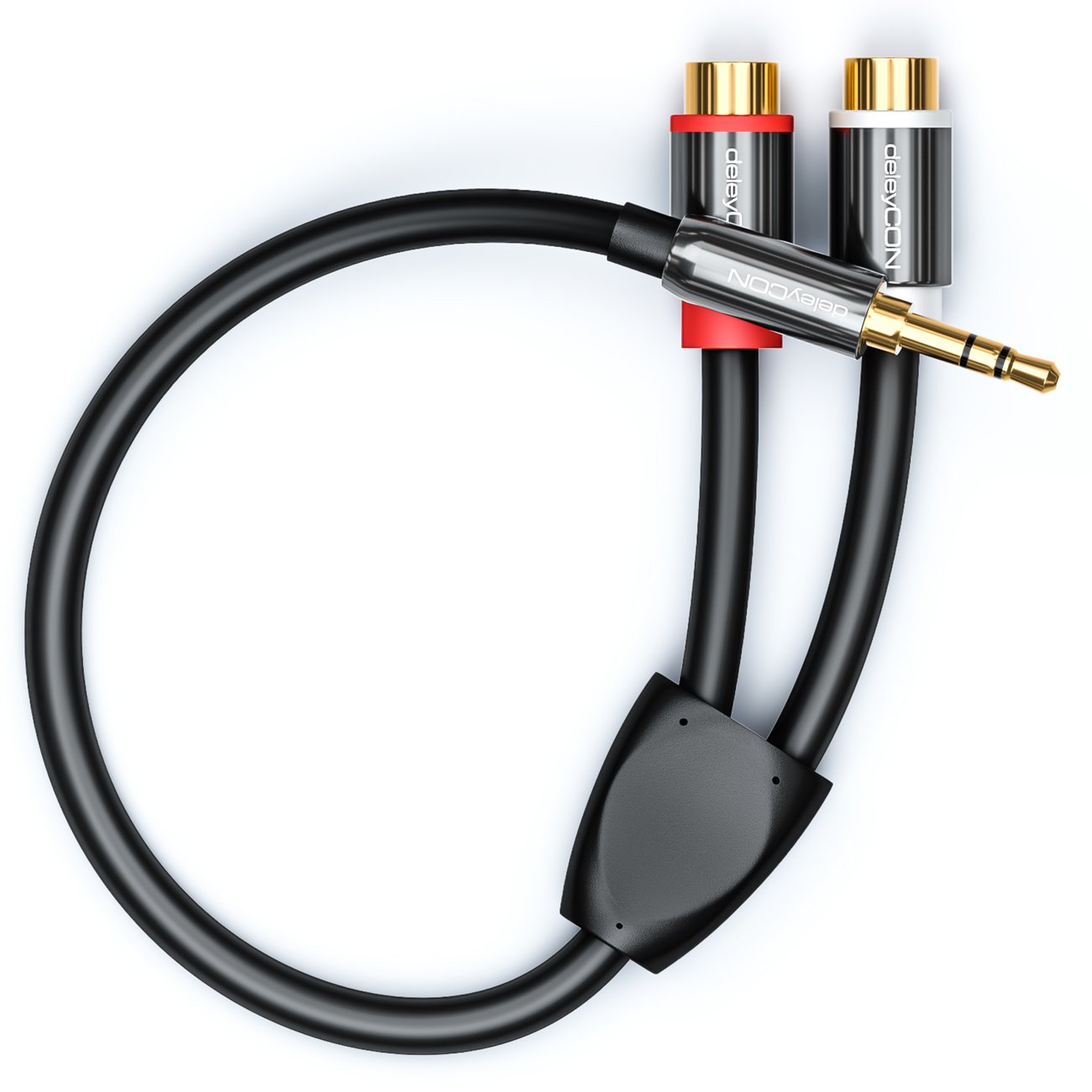 Detalle de deleyCON 20 cm Kurzes Stereo Audio Cinch zu Klinke Kabel – 3,5 mm Klinkenstecker zu 2x RCA Cinch Buchse, vergoldet, Metall, Schwarz