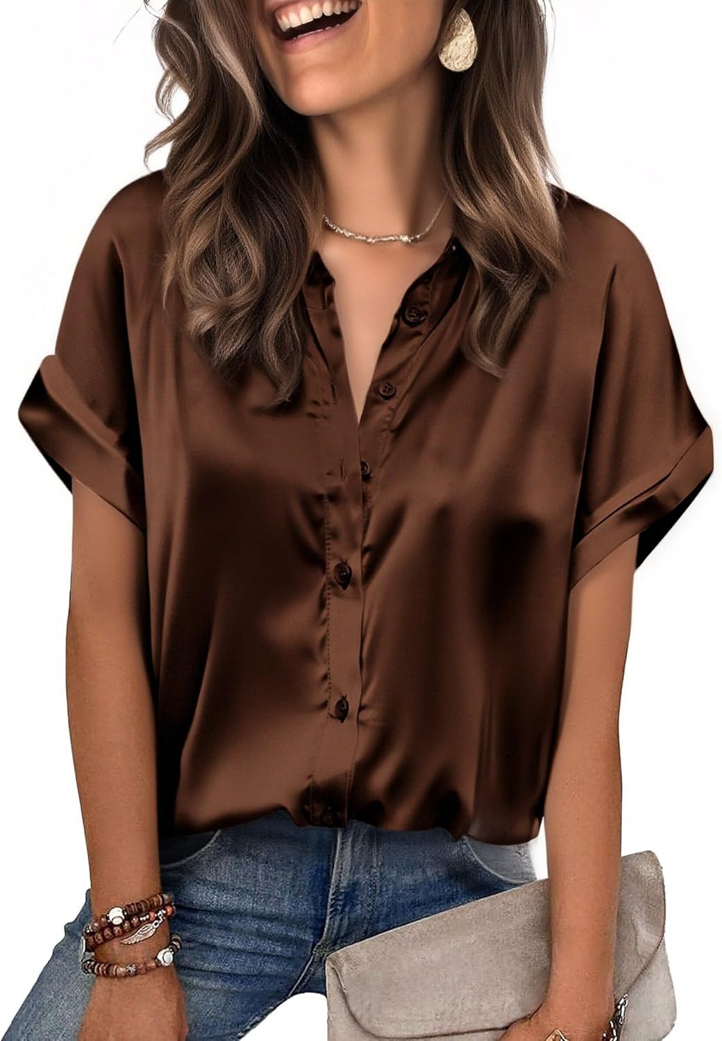 Zeagoo Women's Satin Blouse Short Sleeve Button-Down for Business Casual