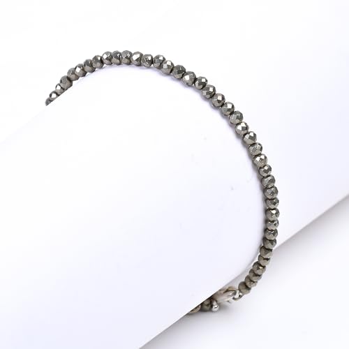Thumbnail 2 de GEMKORA Natural Golden Pyrite Crystals Bracelet – 3mm Beads, Sterling Silver, 7+1 Inches