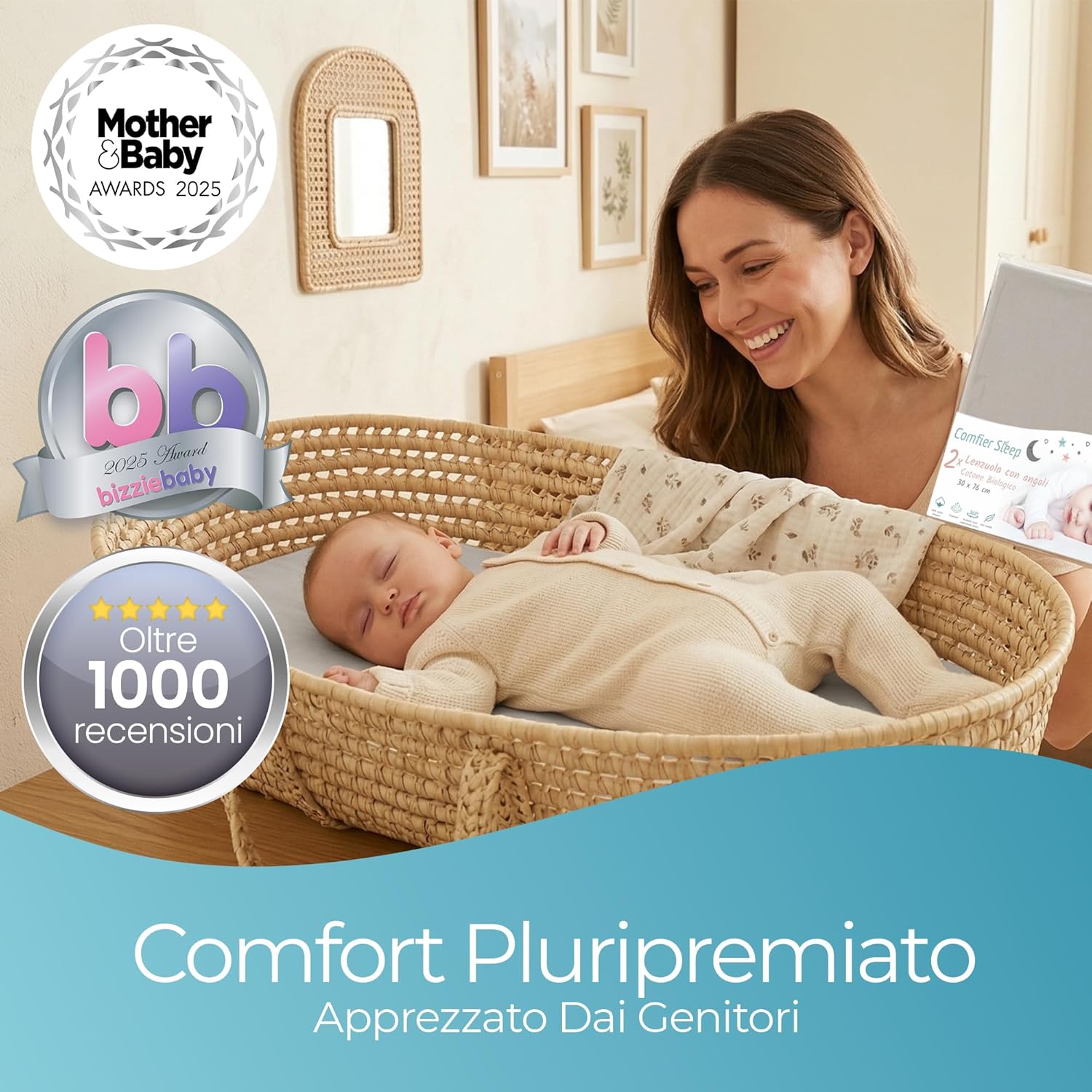 Thumbnail 3 de Lenzuola Carrozzina Neonato 30x76 cm – Set di 2 in cotone biologico, grigio navicella