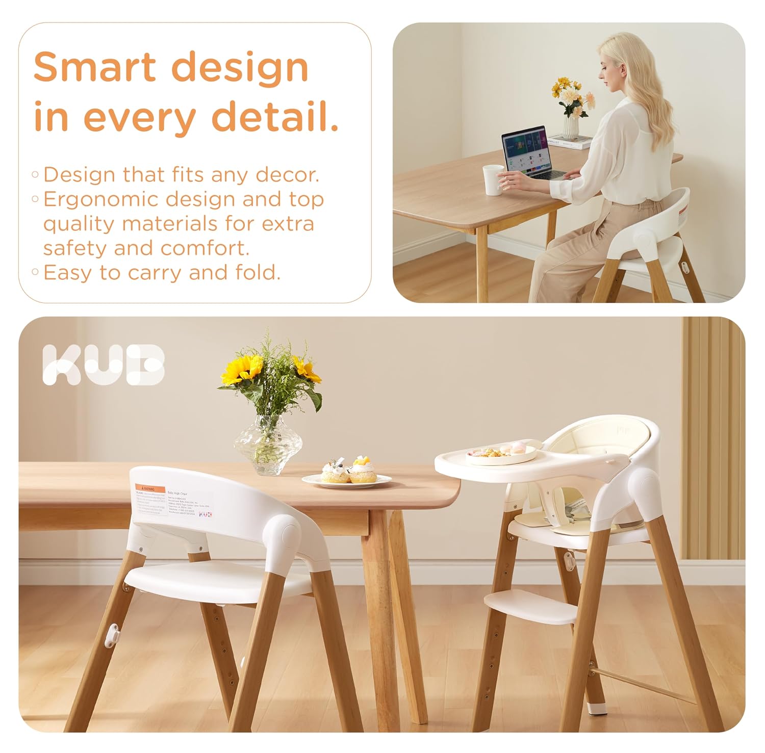 Thumbnail 5 de KUB Foldable Baby High Chair, White with Wood-Print Metal Frame