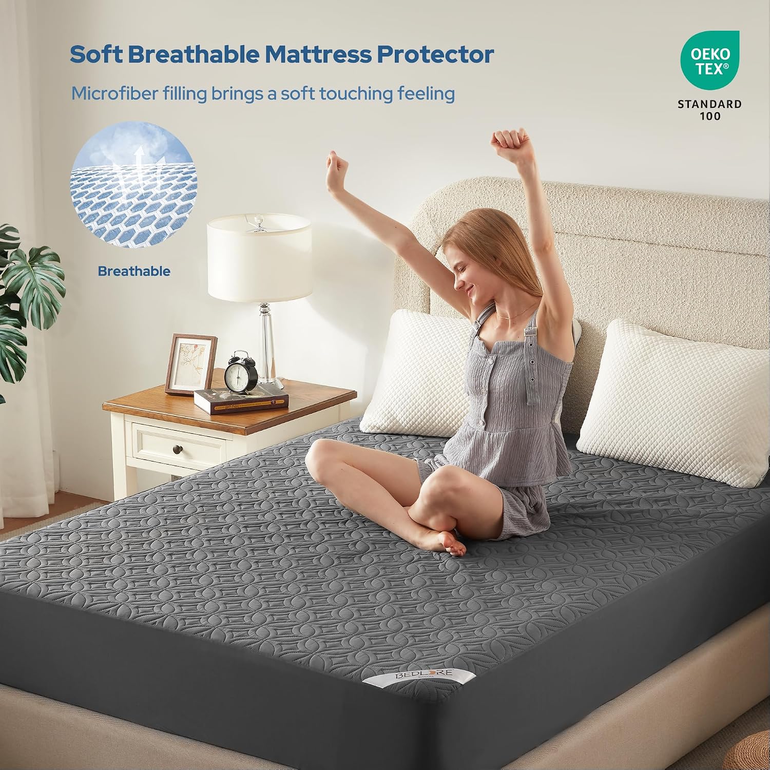 Detalle 2 de BEDLORE Single Waterproof Mattress Protector (Gray) – brushed microfiber with upgraded TPU, deep pocket, hypoallergenic