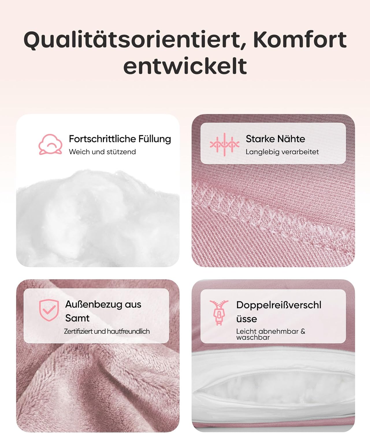 Detalle de Nuliie Schwangerschaftskissen U‑Form Altrosa – ganzheitliche Unterstützung für Schwangerschaft und Seitenschläferkomfort