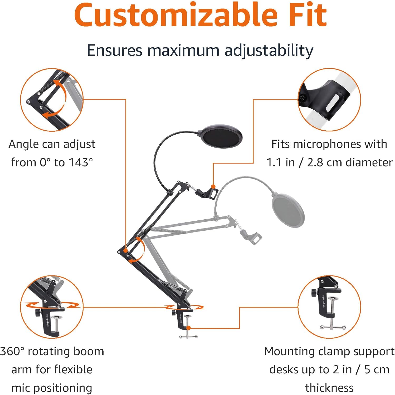 Detalle 2 de Amazon Basics Adjustable Microphone Arm Stand with Pop Filter & Foam Windscreen (14-inch) – Table Mount, 360° rotation