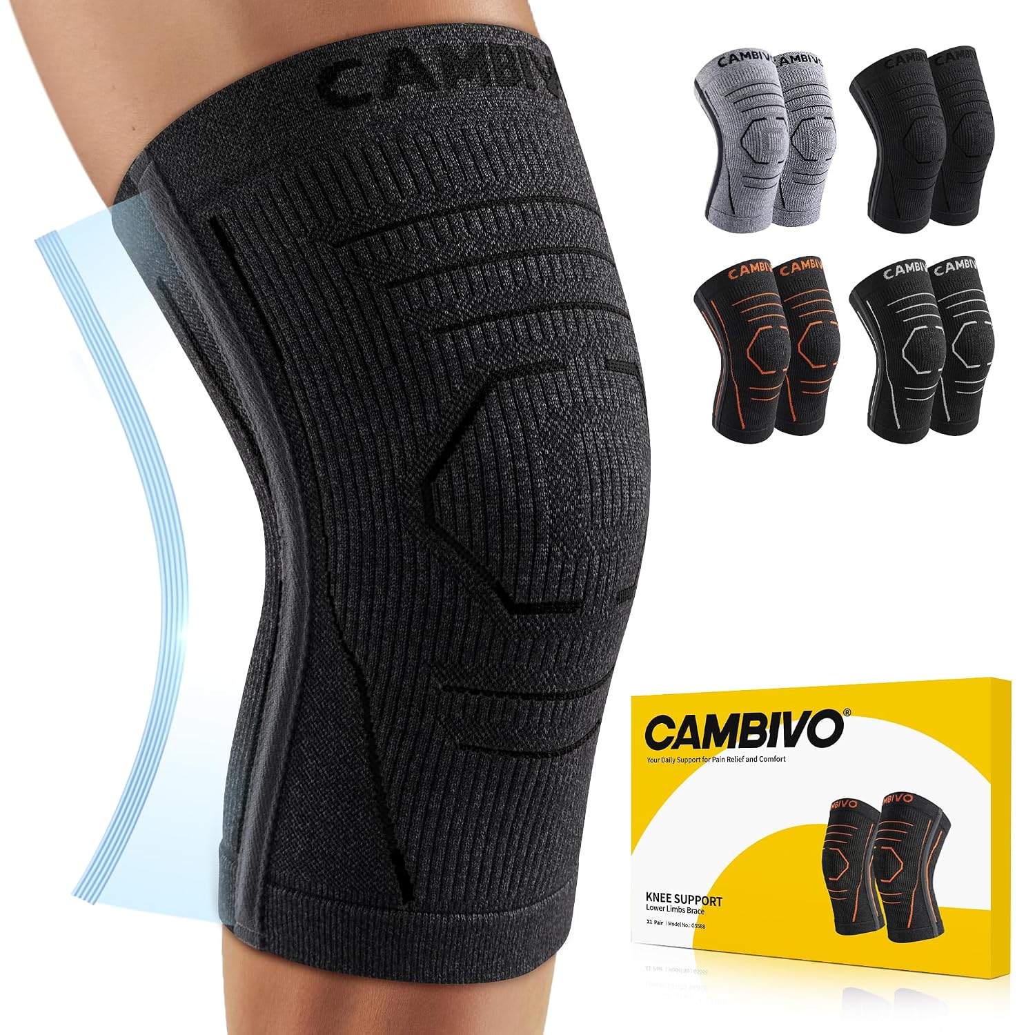 CAMBIVO Knee Support with PMMA Side Stabilizers — Lightweight dual pack for arthritis relief and everyday comfort
