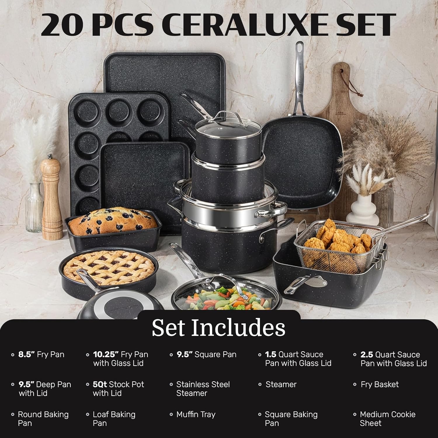 Thumbnail 1 de Granitestone Ceraluxe 20-Piece Ceramic Cookware Set: Complete Kitchen, Nonstick, Oven & Dishwasher Safe
