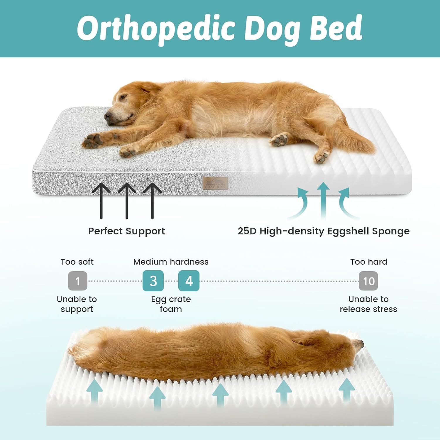 Detalle 2 de COZY KISS orthopädisches Hundebett für große Hunde (Größe L, 91 x 68 x 7,6 cm) – abnehmbarer waschbarer Bezug, wasserabweisendes Futter, grau