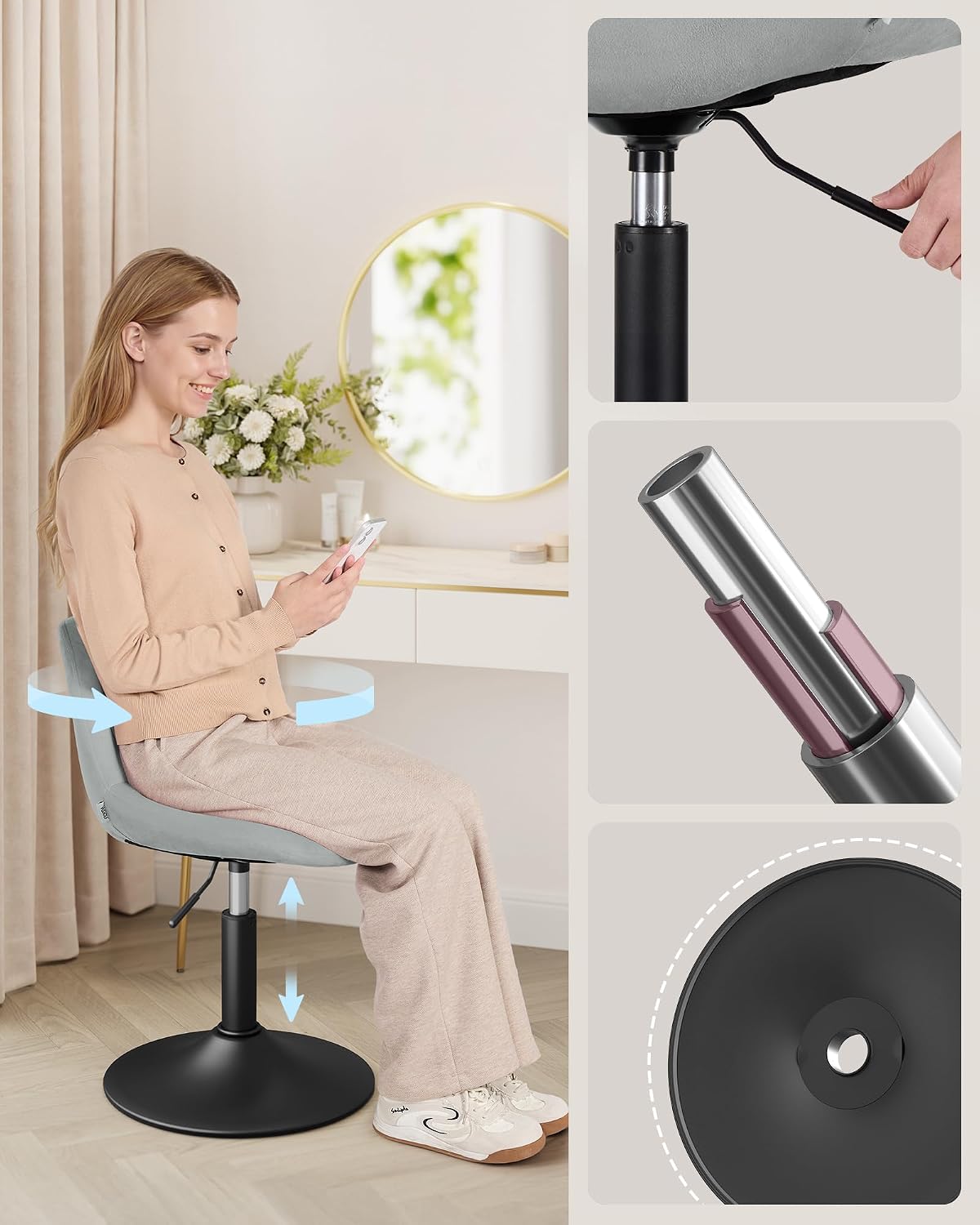 Thumbnail 6 de VASAGLE Dressing Table Chair: Dove Grey Velvet Swivel Stool