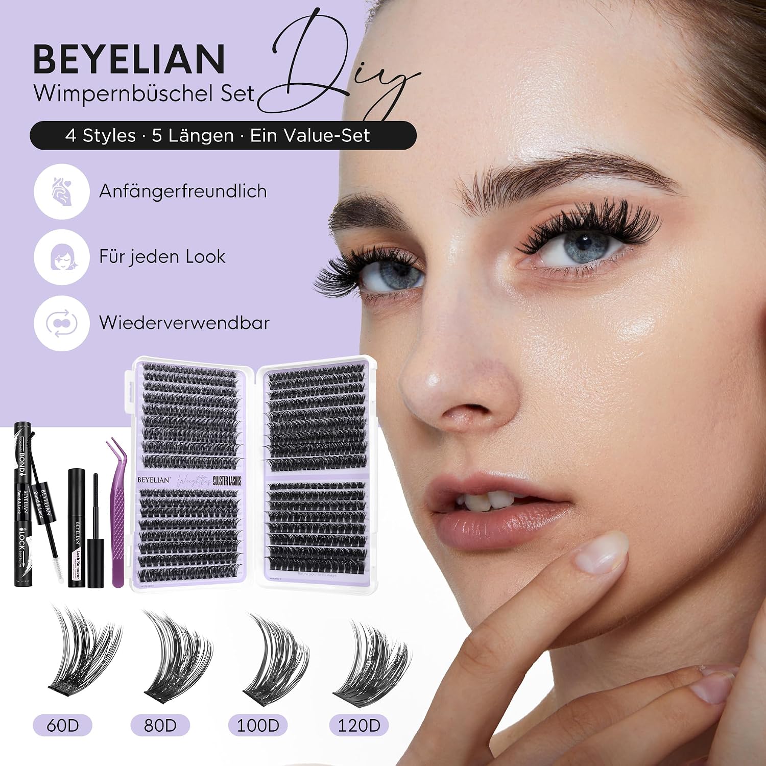 Thumbnail 1 de BEYELIAN Cluster-Wimpern-Set 608-teilig: 4 Styles (60D–120D) für DIY Lashes mit Kleber, Entferner und Pinzette