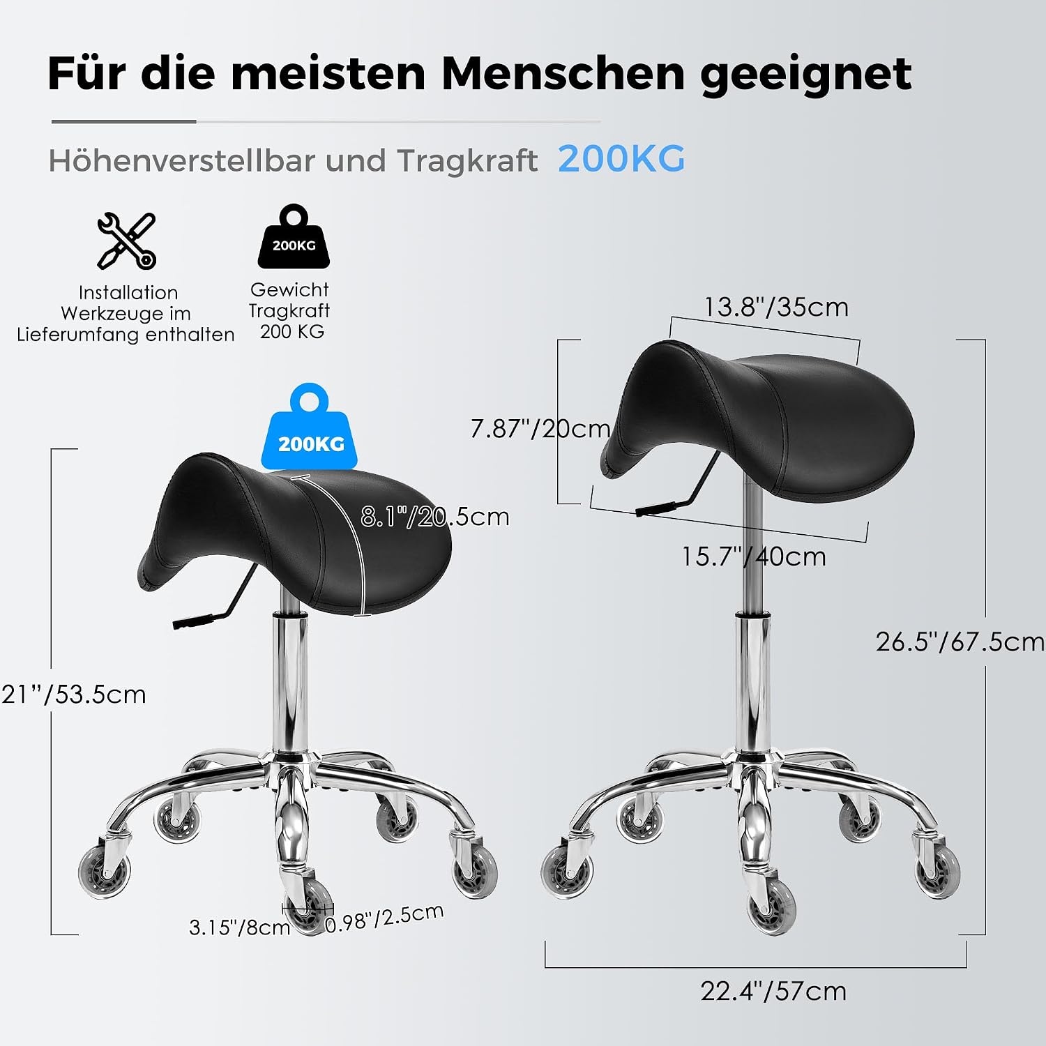 Detalle de BEWISHOME Sattelhocker mit Rollen – schwenkbar, höhenverstellbar, PU-Leder (Schwarz)