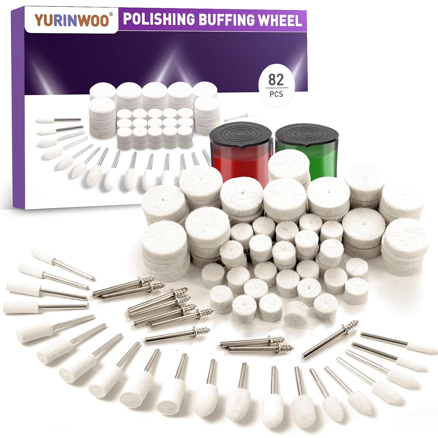 Detalle de YURINWOO 82PCS polijstset met wolviltschijven, 3 mm schacht en polijstpasta