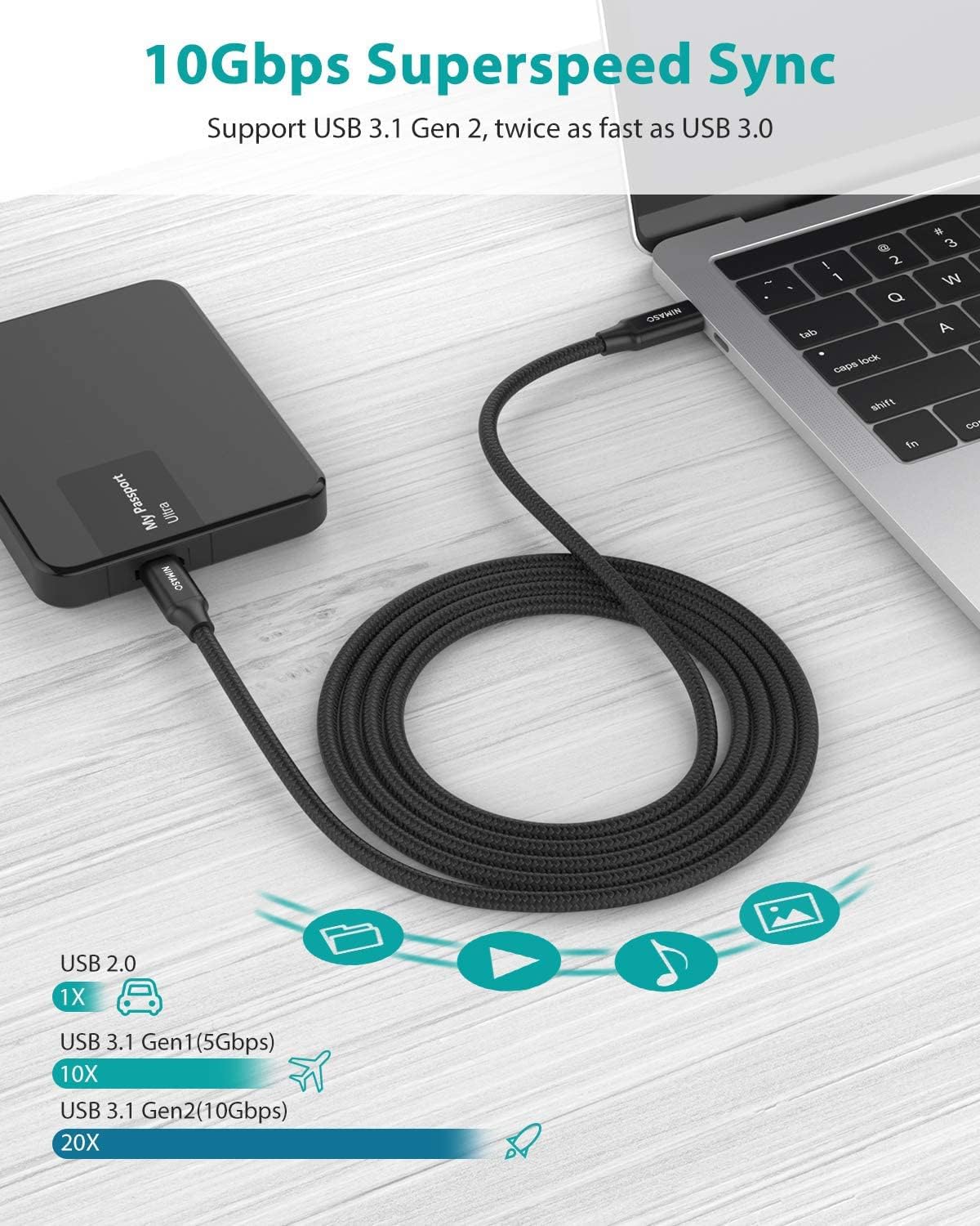 Thumbnail 2 de NIMASO USB-C 3.1 Gen 2 Cable (6.6ft) 10Gbps Data Transfer, 4K@60Hz DP Alt Mode, 100W PD Charging