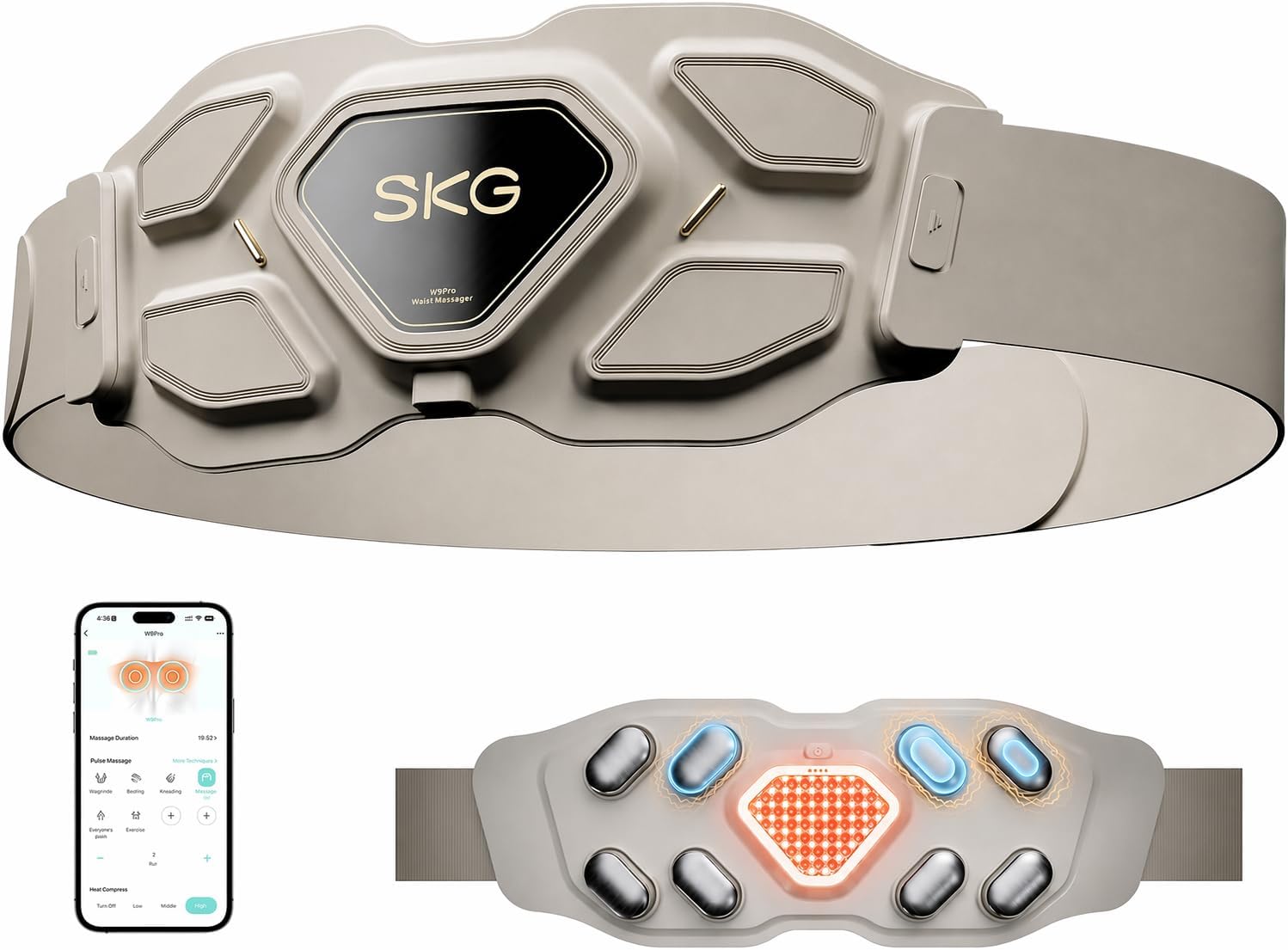 Detalle de SKG Lower Back Massager adjustable cordless heating pad