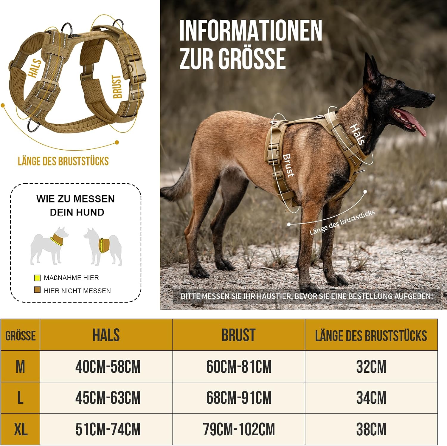Detalle 2 de OneTigris Hundegeschirr Diesel einstellbar, weich gepolstert (Braun) – XL für mittelgroße und große Hunde