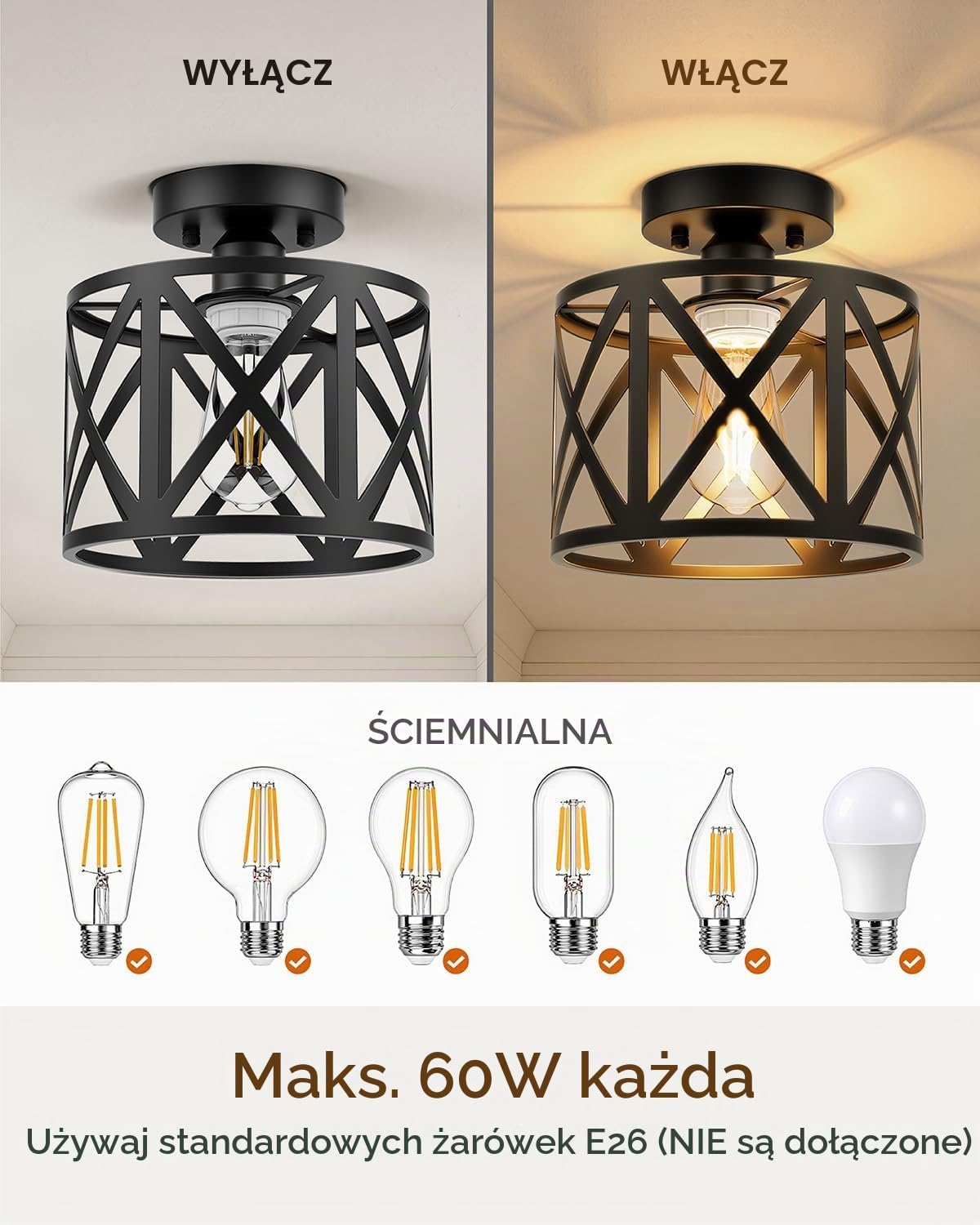 Detalle de BLNAN 00 316 – lampa sufitowa E27, czarny metalowy klosz typu klatka, 22 cm