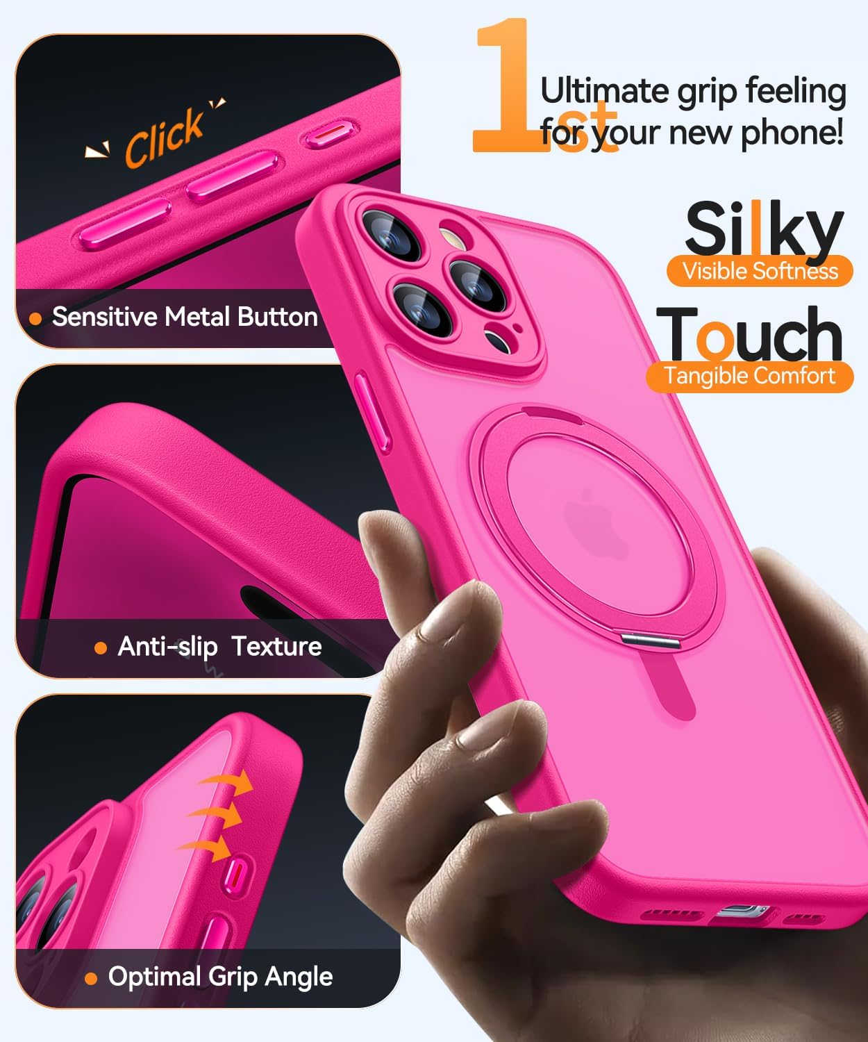 Detalle 2 de CANSHN 360° Ständerhülle für iPhone 15 Pro – Kameraschutz, MagSafe, Matt Rosa