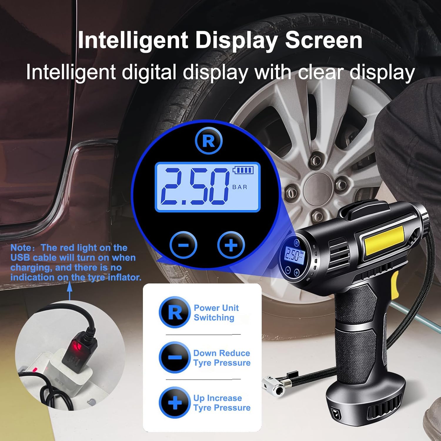 Detalle de ProChosen Cordless Tyre Inflator Air Compressor (12V, 7000mAh) – Portable 150 PSI with LCD Display, LED Light and 3 Nozzles