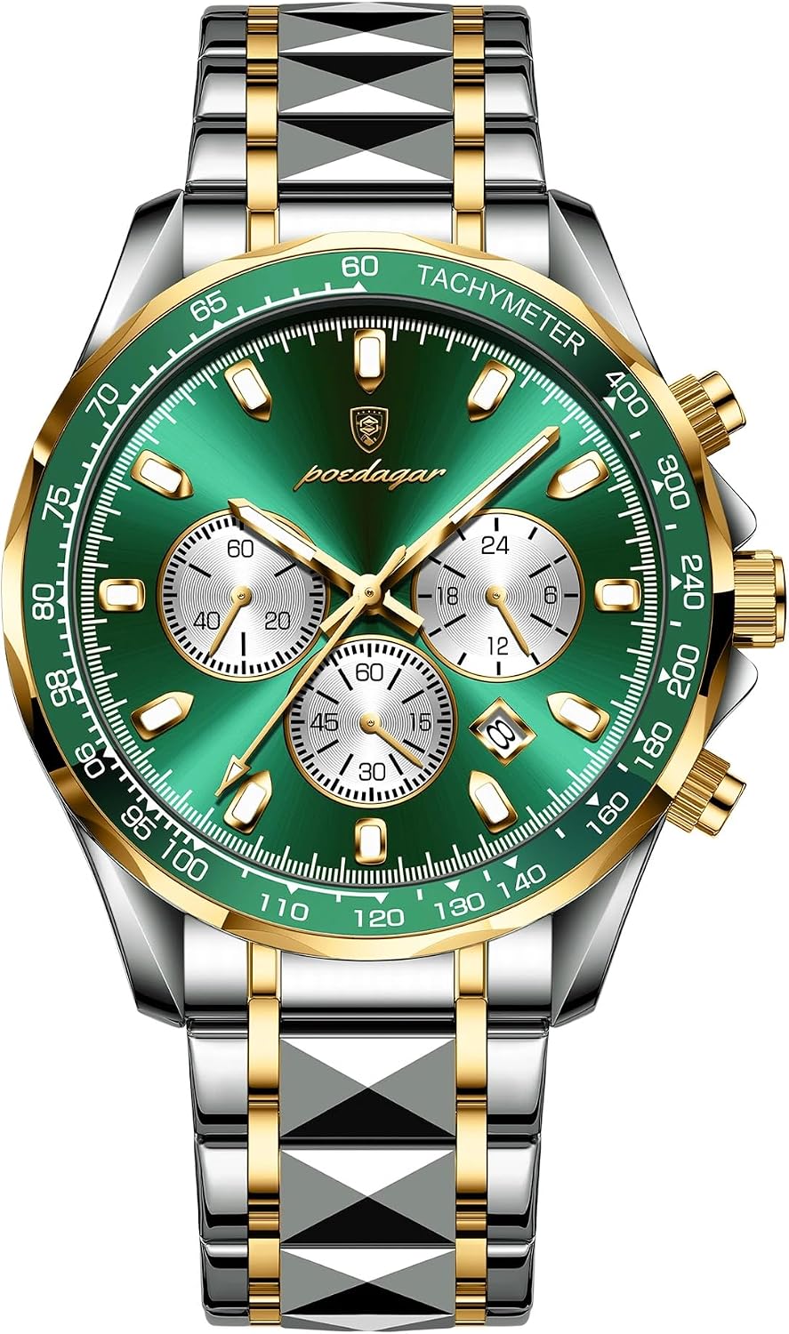 Thumbnail 6 de Poedagar orologio sportivo da uomo in acciaio inox, cronografo quadrante luminoso, impermeabile 30m