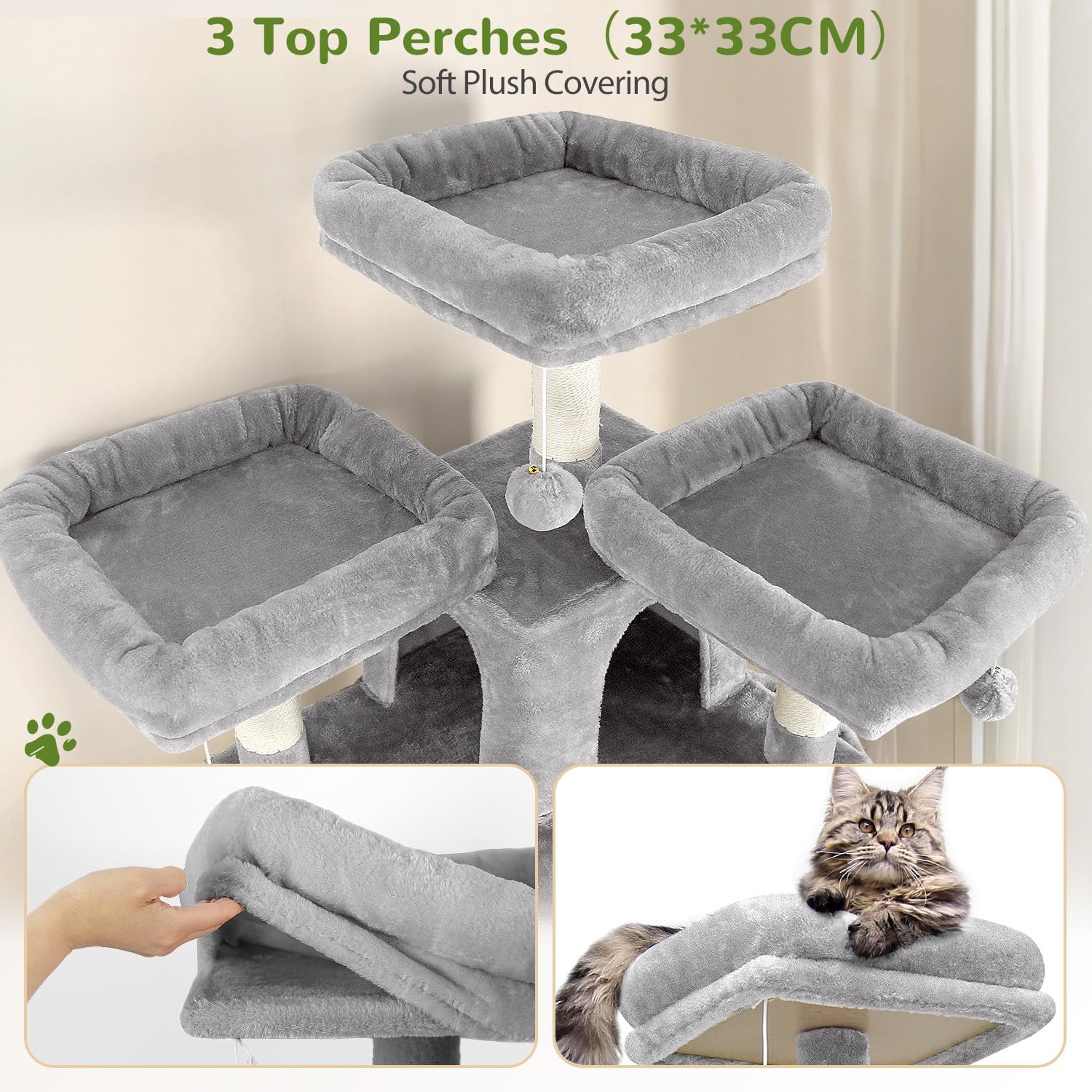 Thumbnail 2 de Globlazer Kratzbaum Stabil 174 cm mit 3 gepolsterten Sitzstangen, Katzenhäusern & Körben (F68B, Hellgrau)