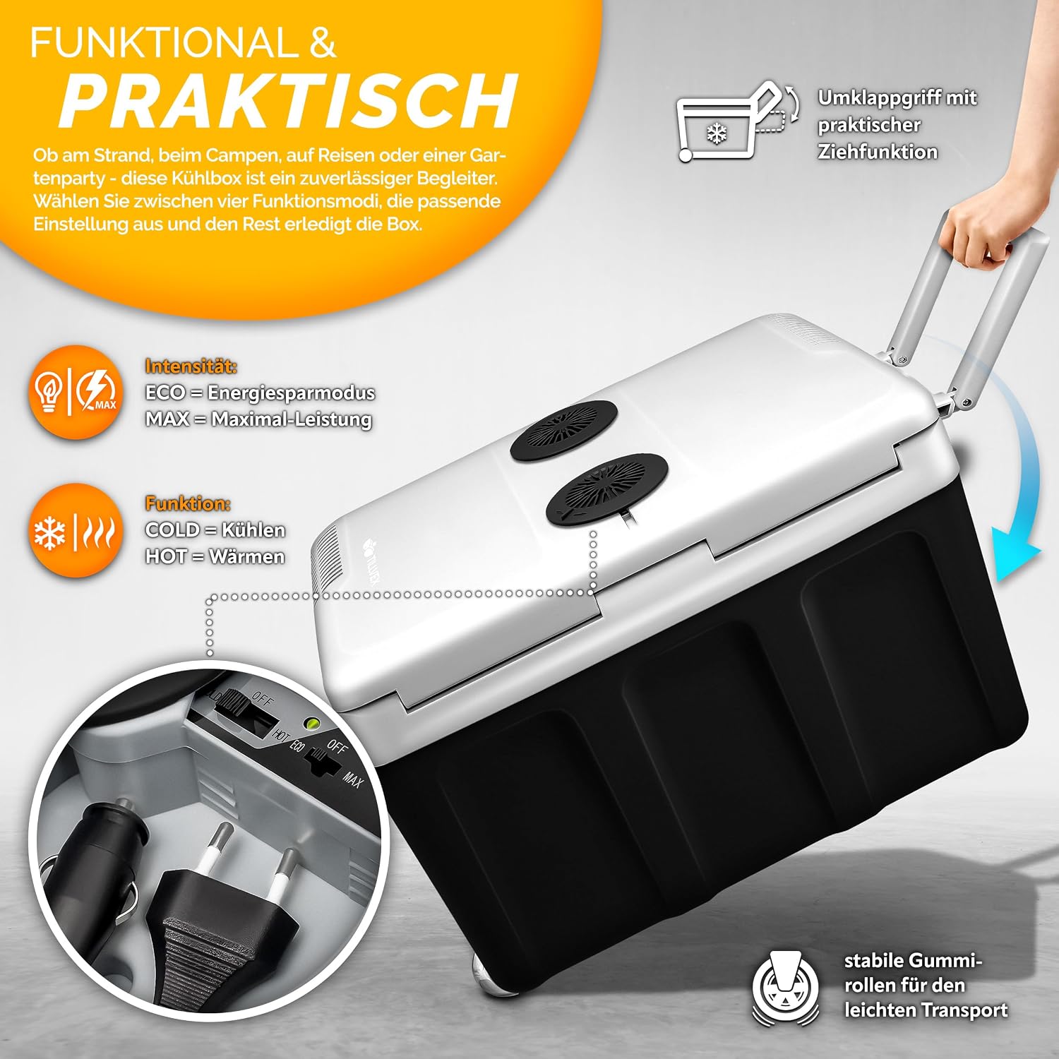 Detalle de tillvex TVKB45 elektrische koelbox van 40 liter met wielen, 12 V en 230 V