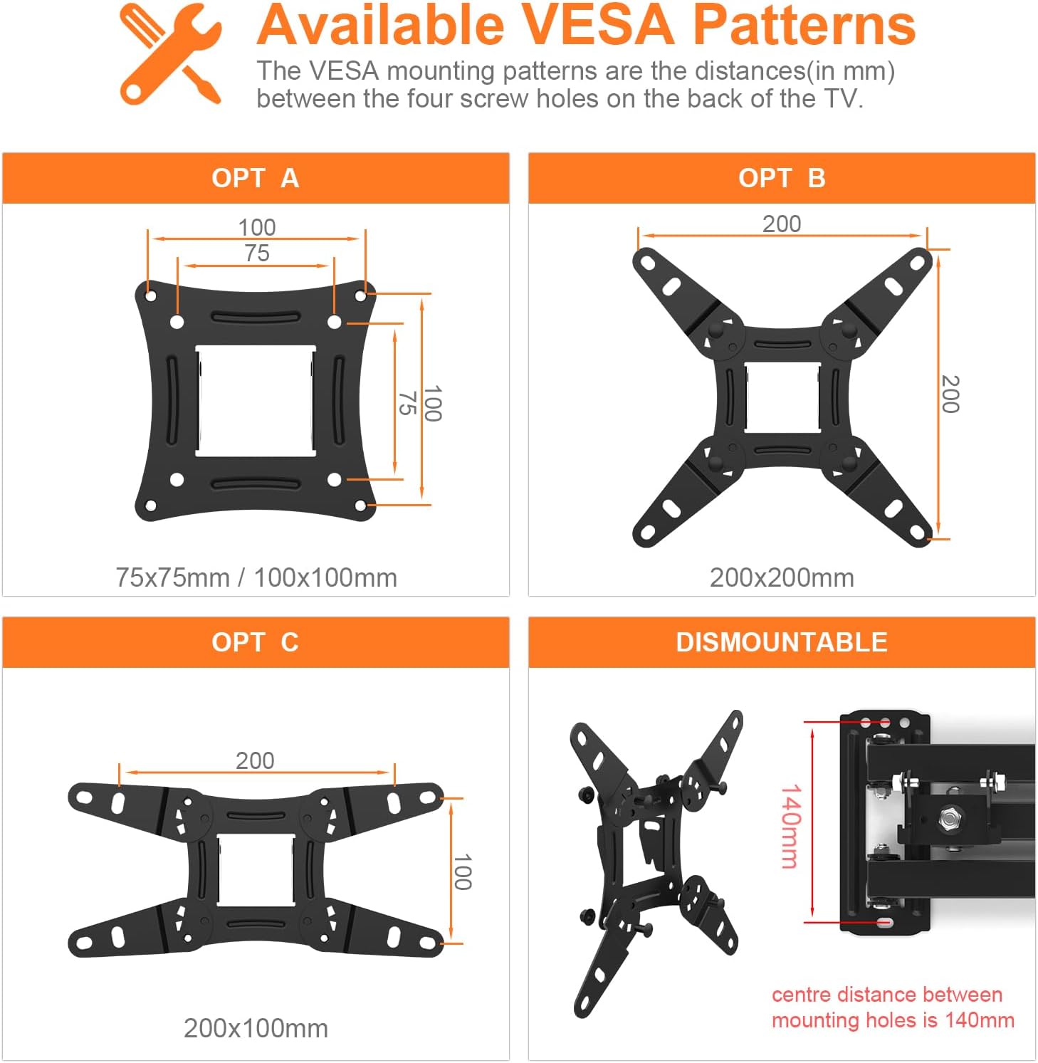 Detalle 2 de GRIFEMA GB1008-2 TV Wall Bracket (13–43 inch) – Swivel, Tilt & Extendable Mount up to 20KG, Max VESA 200×200mm