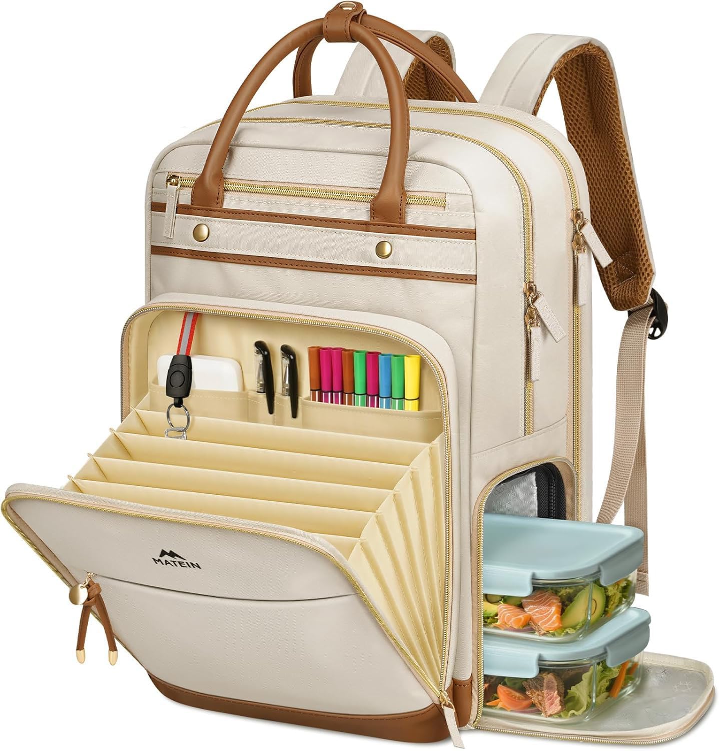 Detalle de MATEIN Laptop-Rucksack Damen 15,6 Zoll (2-in-1) mit abnehmbarem Kühlfach, USB-Ladeanschluss und A5-Dokumentenmappe – Beige