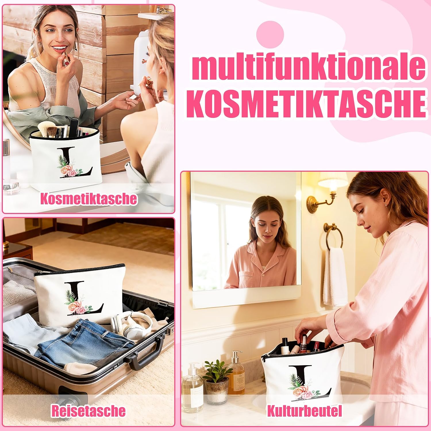 Detalle de TUZELIYA personalisierte Kosmetiktasche mit Buchstaben-Anhänger L – Geschenkidee für Frauen, Mädchen, Mütter & Brautjungfern
