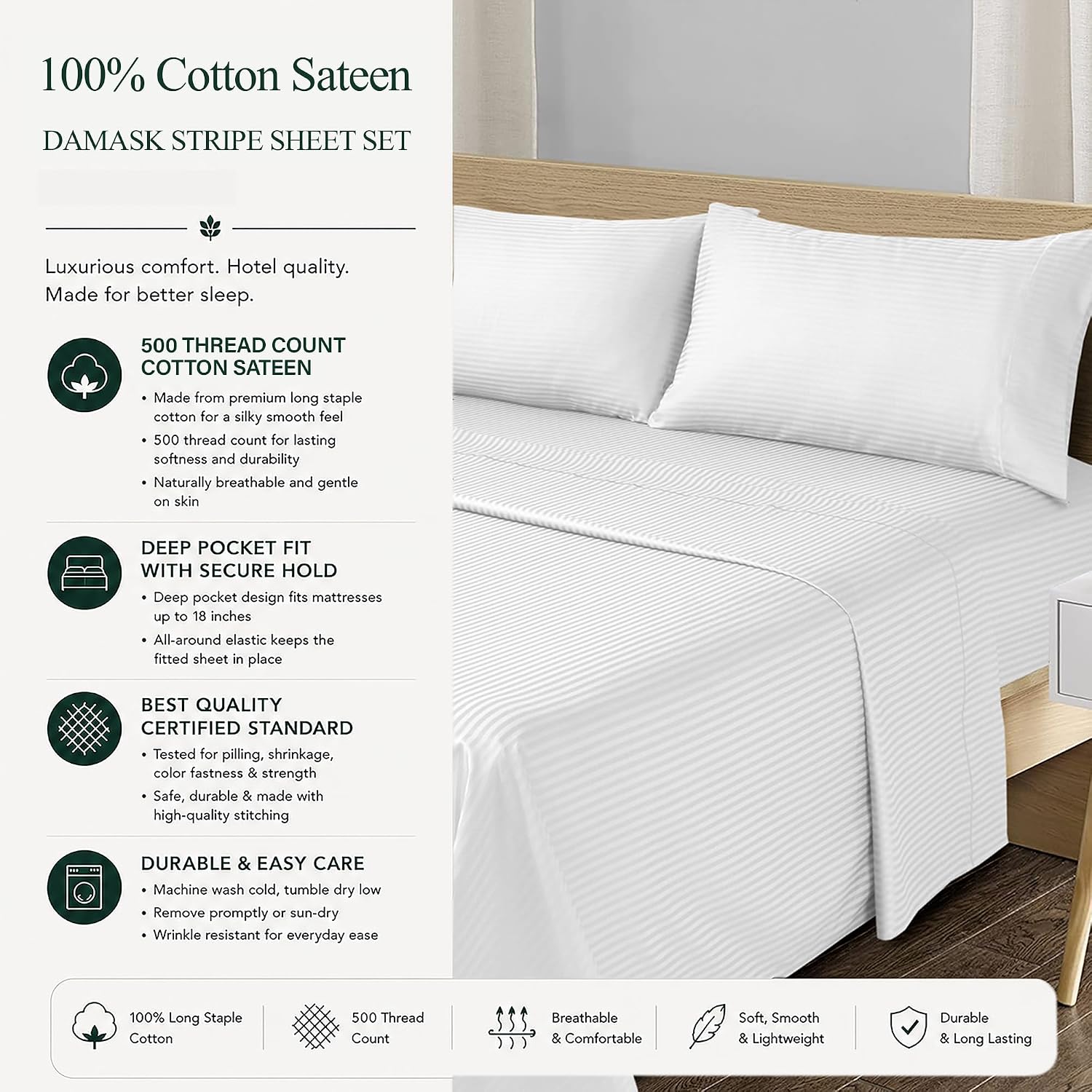 Detalle 2 de Feather & Stitch 500 TC Queen Size Damask Bed Sheet Set with 18" Deep Pockets