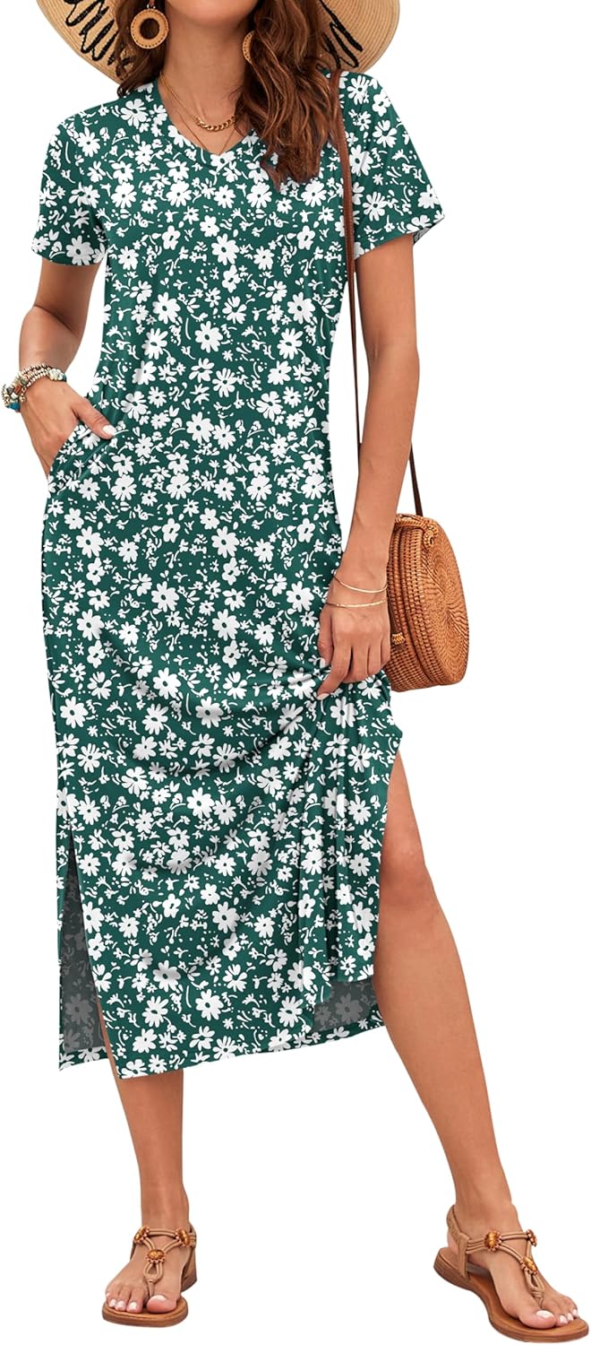 Detalle de Robe longue d'été AUSELILY pour femmes - col en V, poches et manches courtes