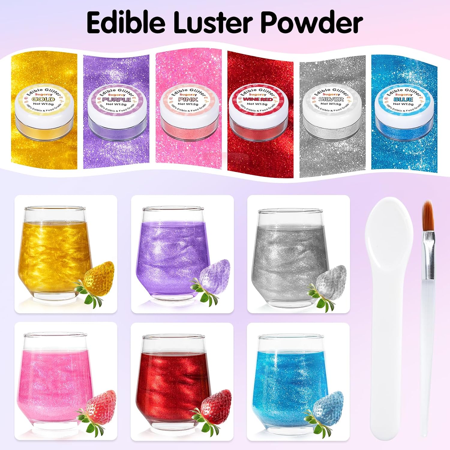 Detalle de Essbares Glitzer Set, 6 Farben – essbarer Schimmerstaub für Kuchen, Getränke und mehr