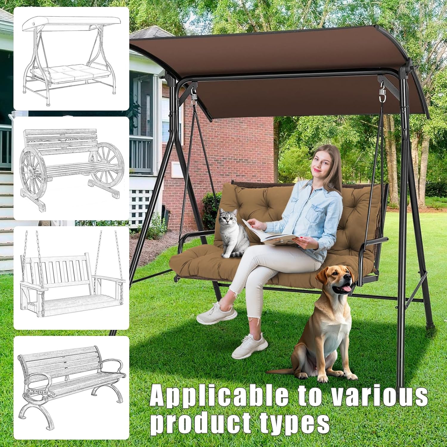 Thumbnail 5 de Amdieu Garden Swing Cushions 3 Seater Waterproof Bench Cushion Set (Brown, 12cm thick)