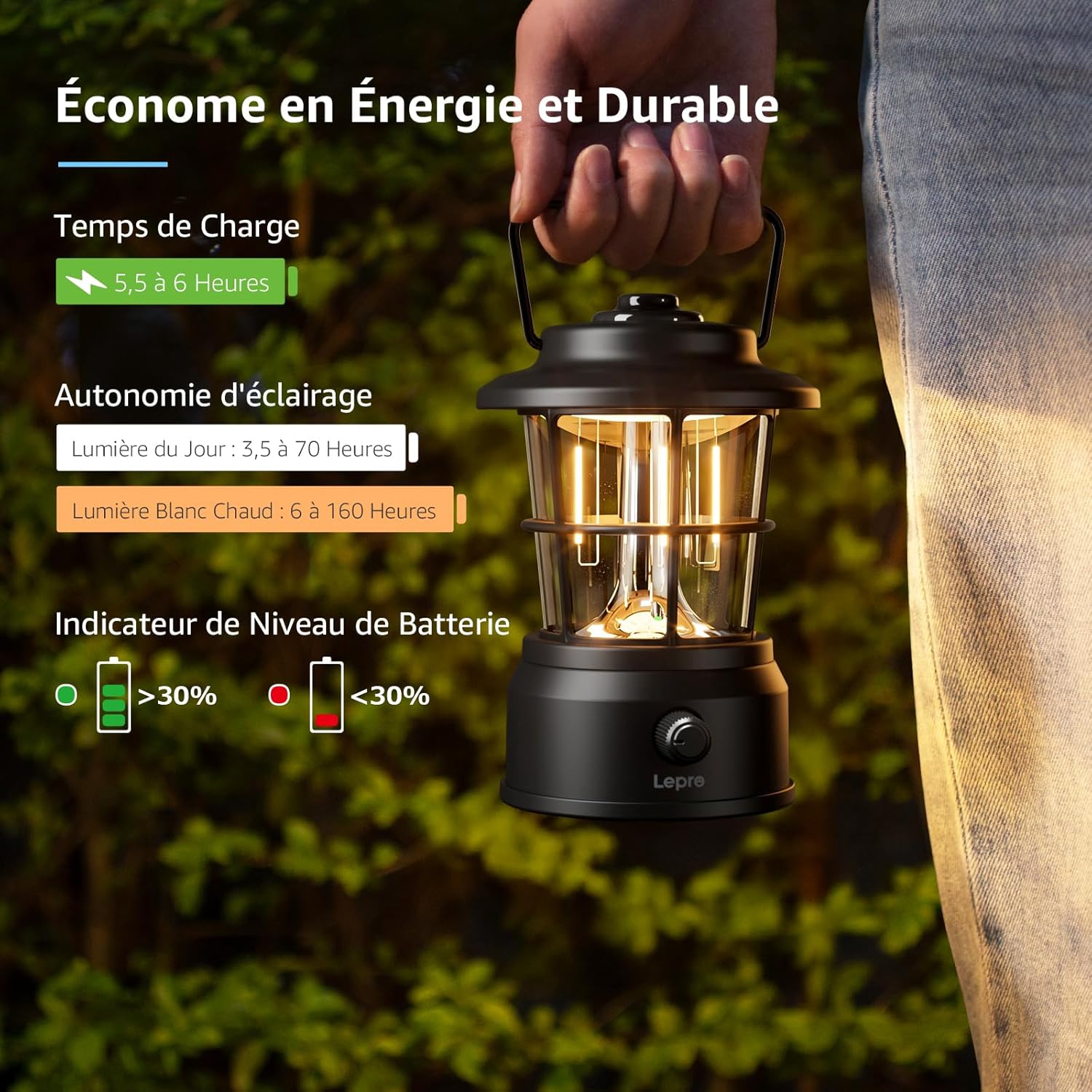 Detalle 2 de Lepro Lampe Camping Rechargeable — 4 Modes, 3600 mAh et Power Bank, IPX4