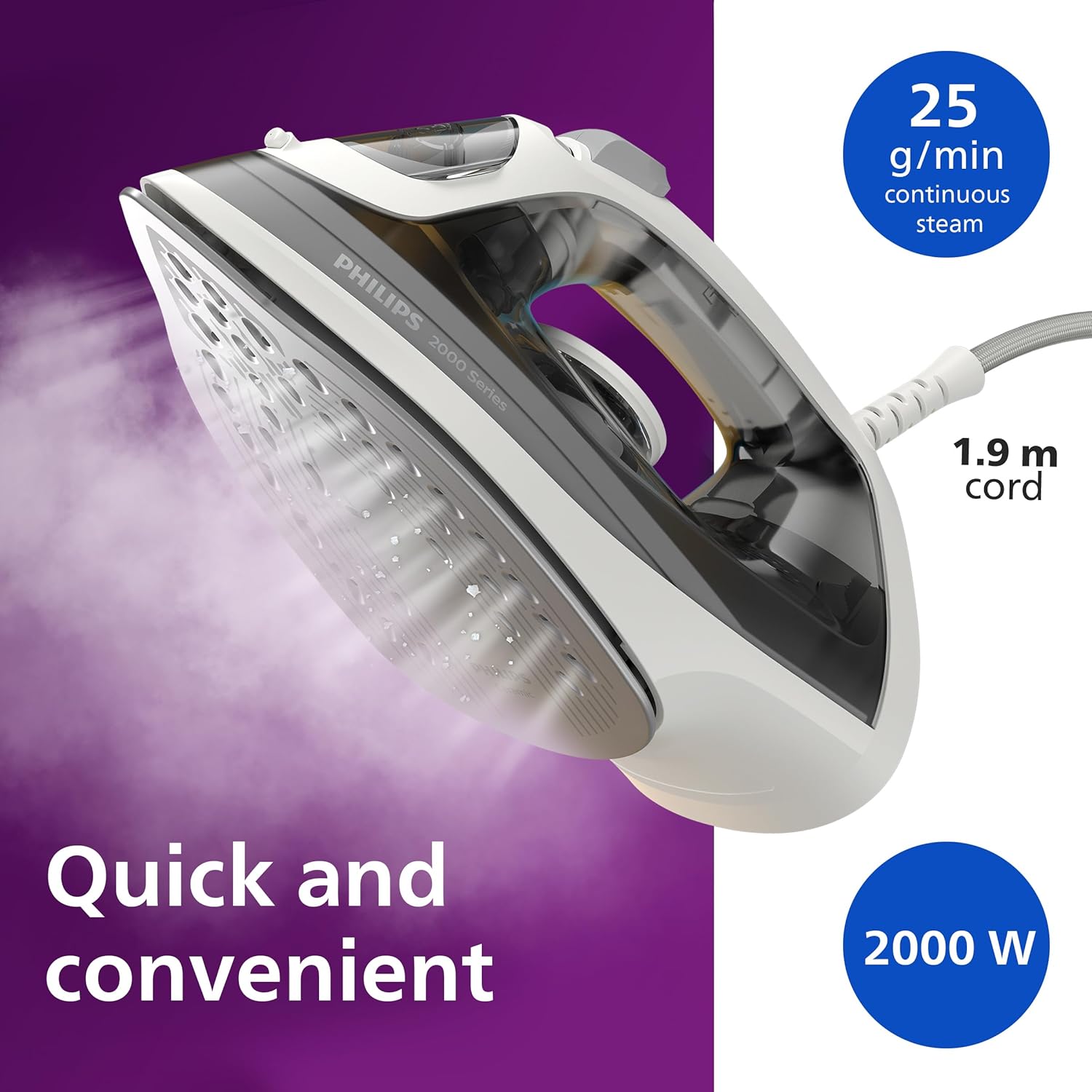Detalle 2 de Philips 2000 Series Steam Iron 2000W, 30s heat-up 🔌