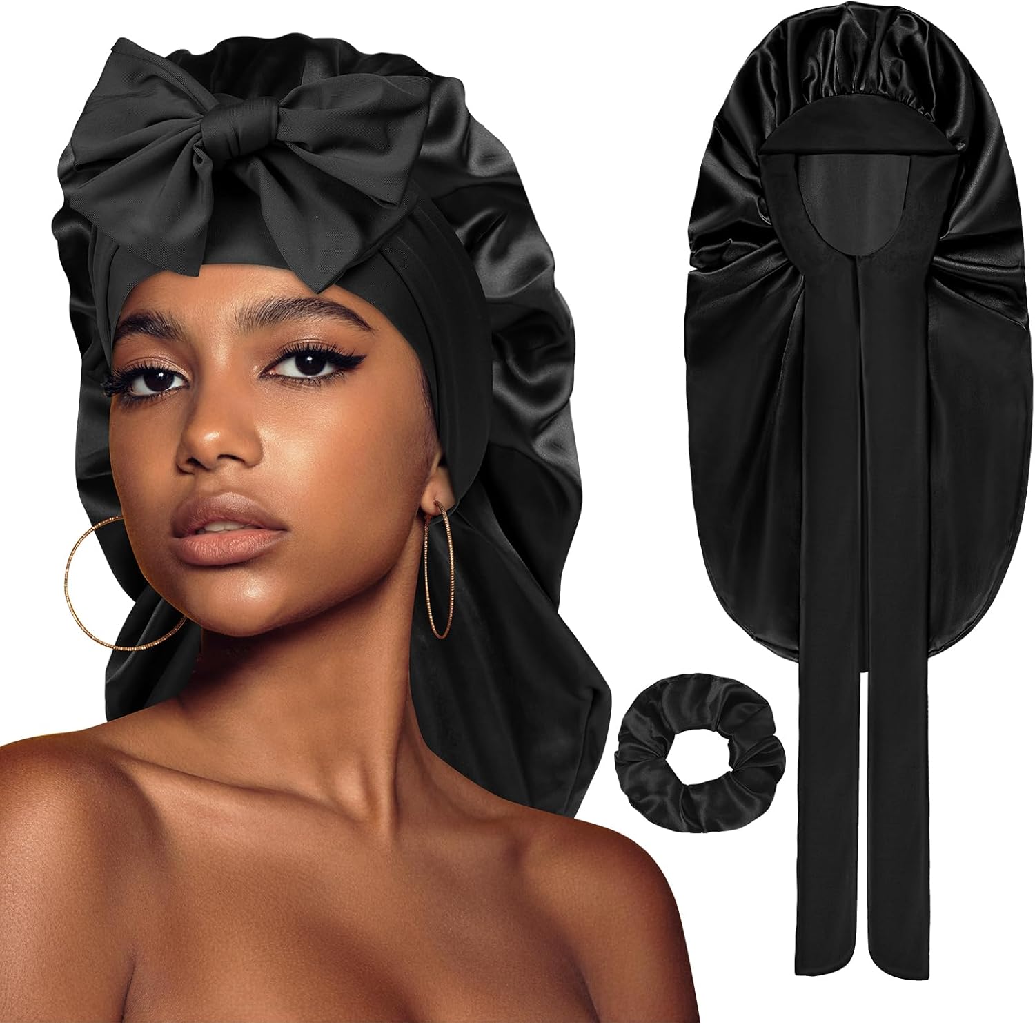 ACWOO Bonnet de sommeil en satin avec bande élastique, noir, taille L