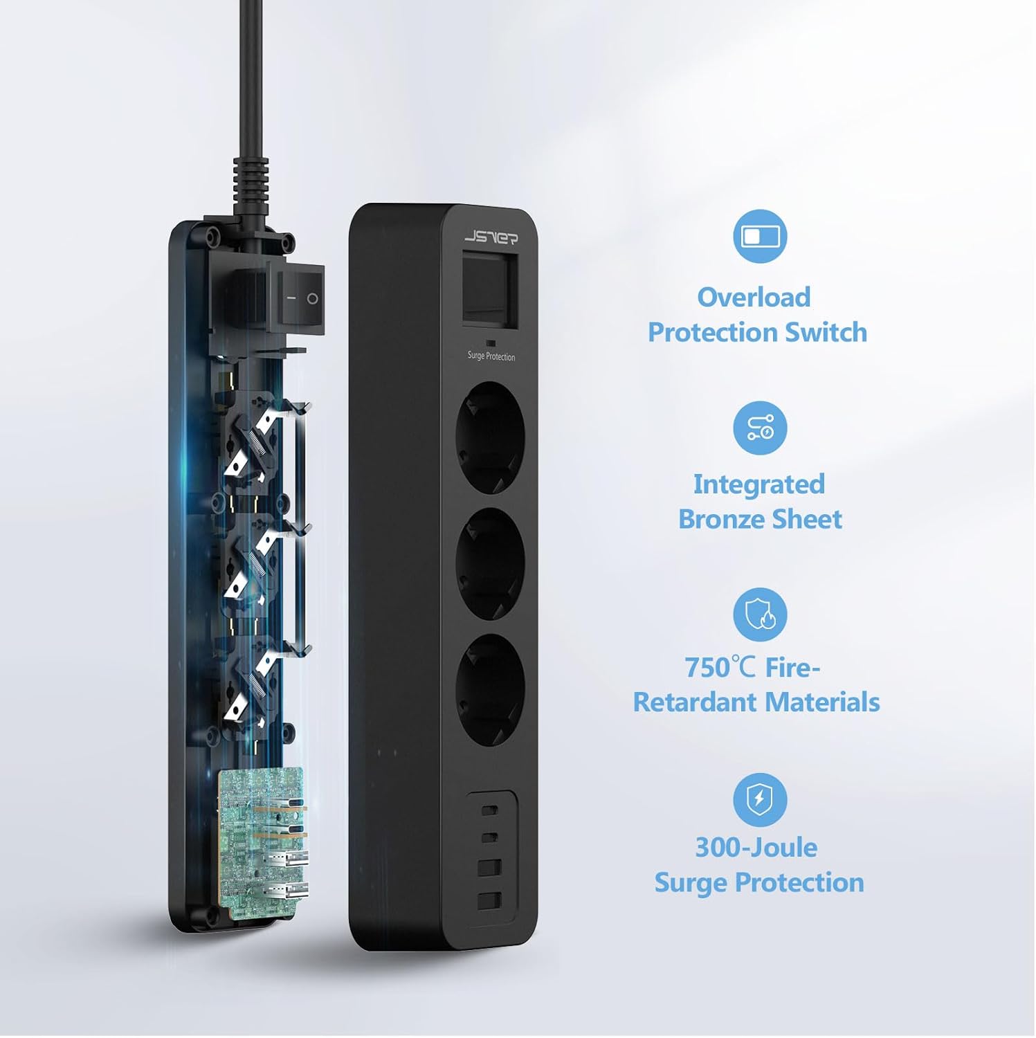 Detalle 2 de Multipresa JSVER 7 in 1 con adattatore: 3 prese CA, USB-A e USB-C, prolunga 2 m