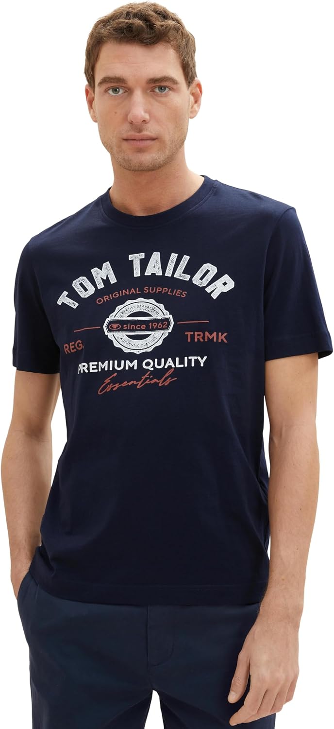 Detalle de TOM TAILOR Herren-T-Shirt aus Baumwolle mit Logo-Print (regular fit)