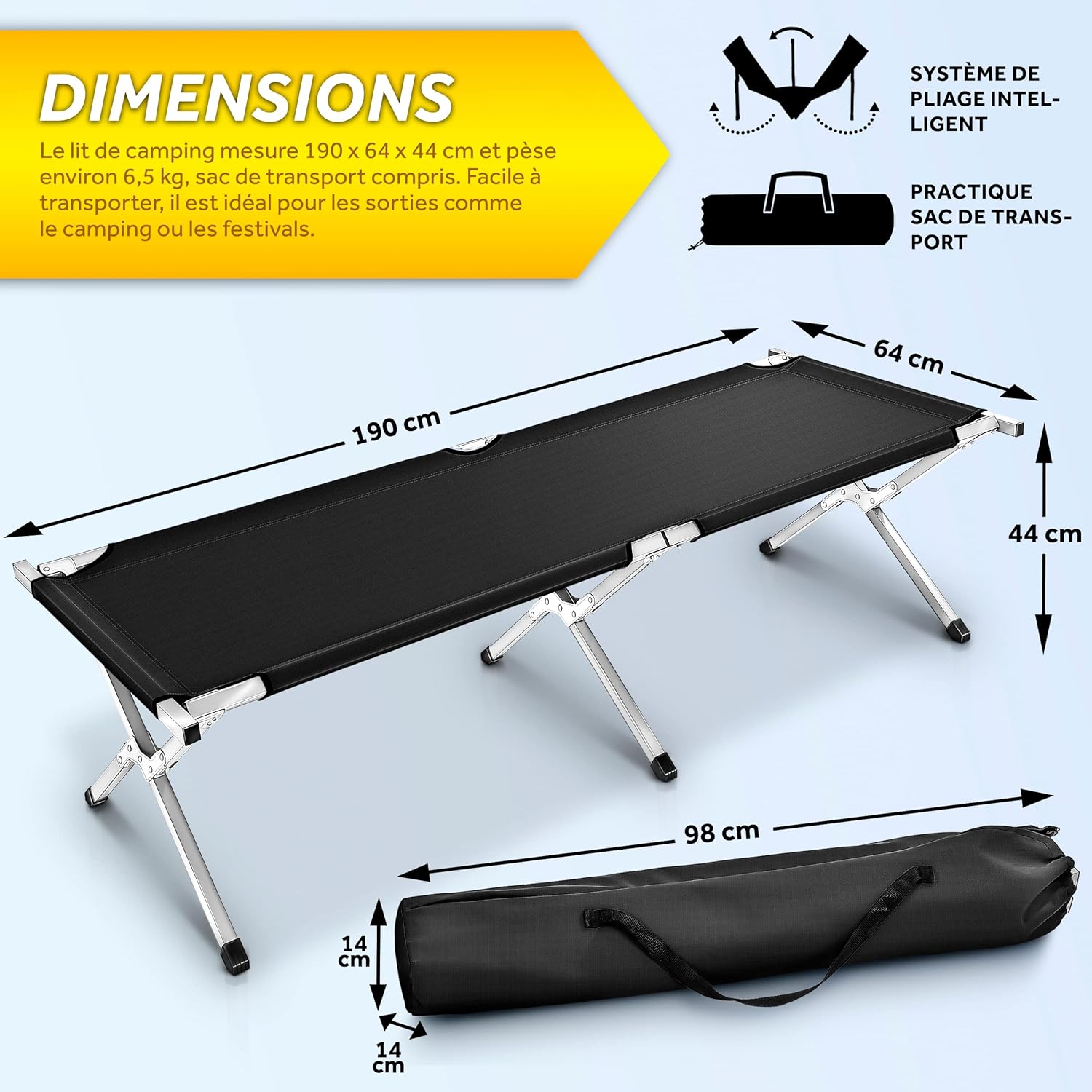 Thumbnail 4 de TRESKO XXL lit de camp pliant 190 x 64 x 44 cm en métal, Oxford (150 kg max) noir