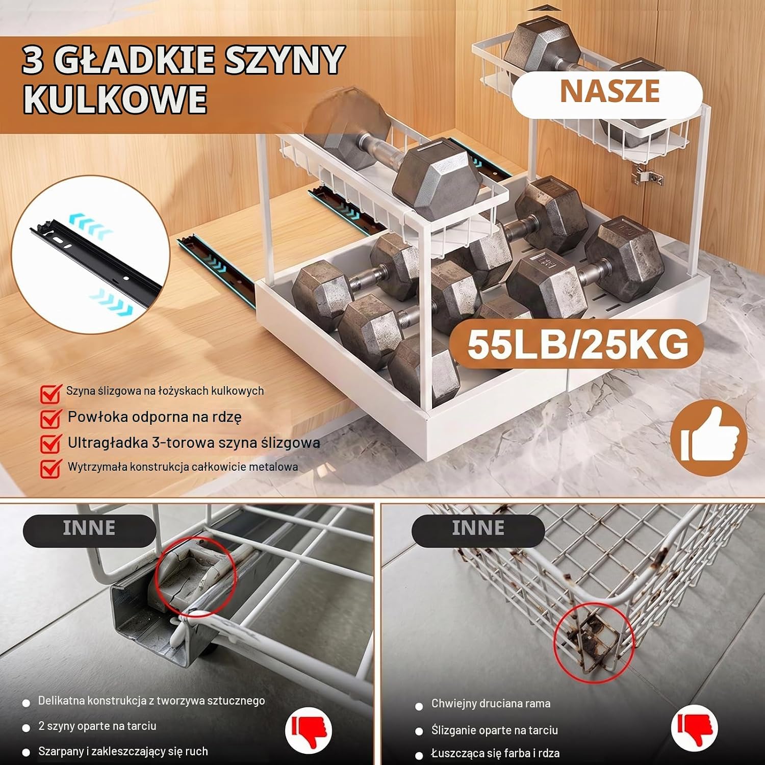 Detalle de Sampoes GKMB0054 – metalowy organizer pod zlew, 2 poziomy i wysuwana szuflada