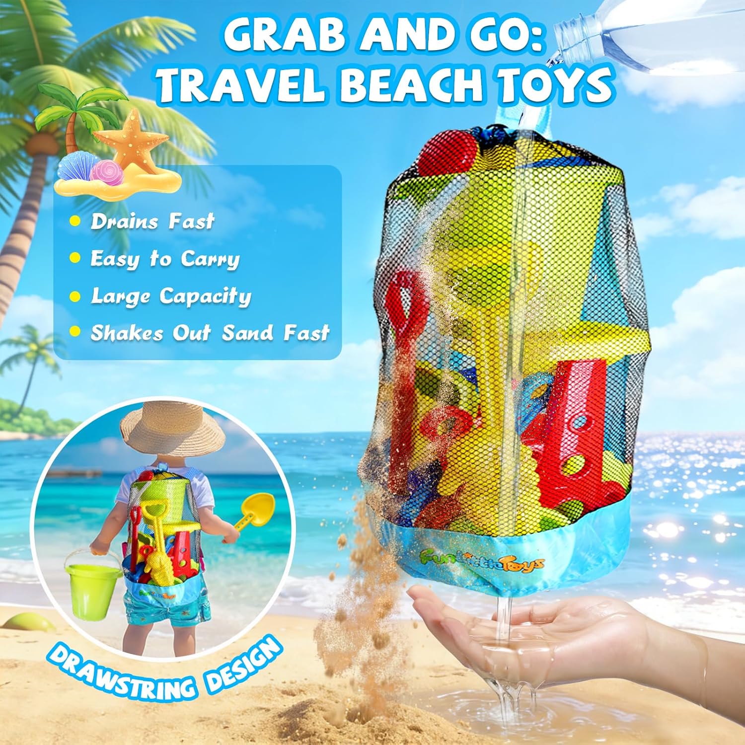 Thumbnail 3 de Beach Toys 19-Piece Sand Toys Set for Kids (Sandbox Water Wheel, Tools, Molds, Mesh Bag) Ages 3–13