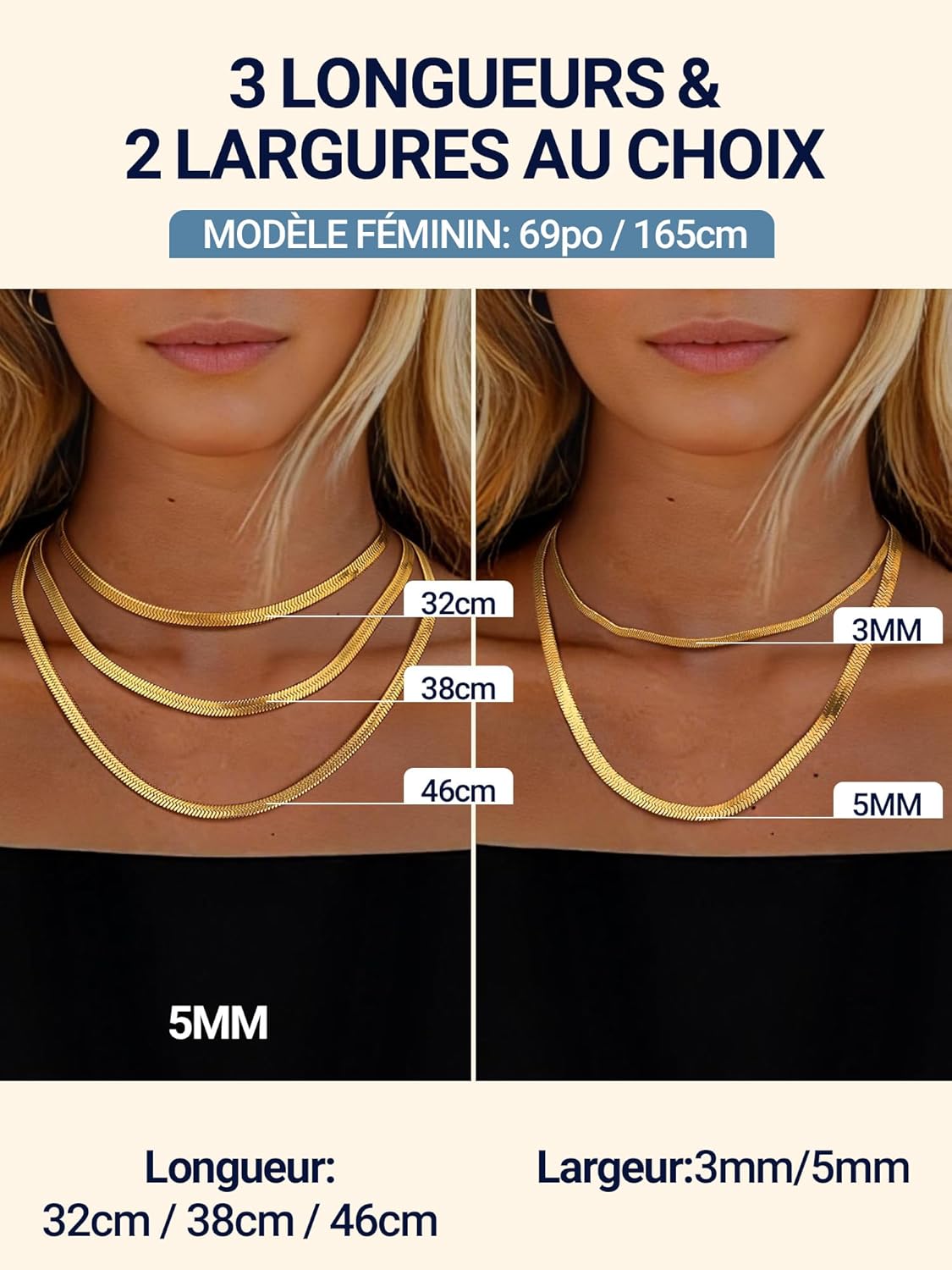 Thumbnail 3 de PROSTEEL collier ras du cou femme en acier inoxydable 316L plaqué or jaune et mailles miroir (5 mm)