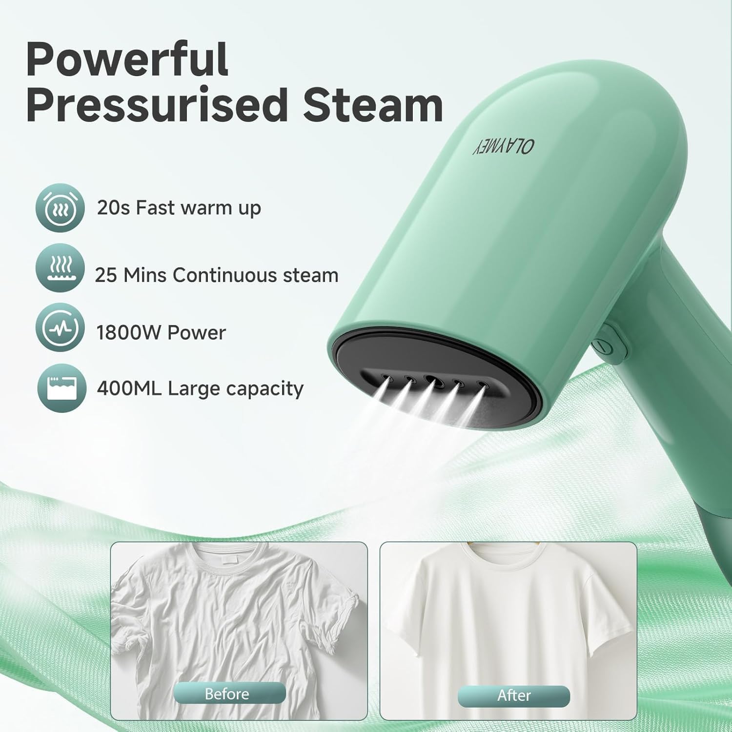 Thumbnail 1 de OLAYMEY 1800W Handheld Clothes Steamer with 400ml Detachable Tank (Portable Travel Garment Steamer)