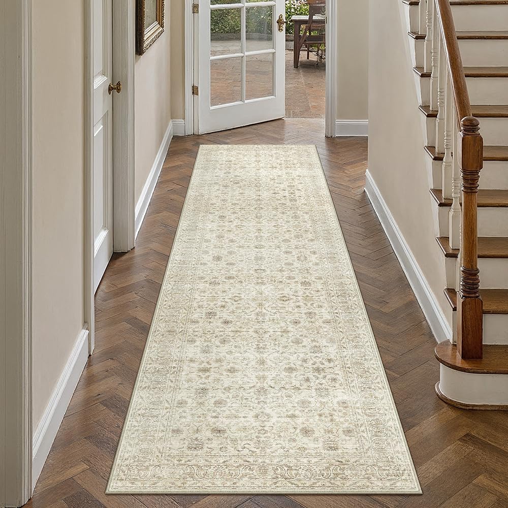 Detalle de PureCozy Vintage Hallway Runner Rug 60 x 240 cm, Beige Low-Pile Polyester