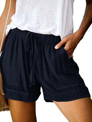 Detalle de comefohome Womens Shorts HS Dark Blue – Summer Drawstring Cotton, High-Waist with Pockets