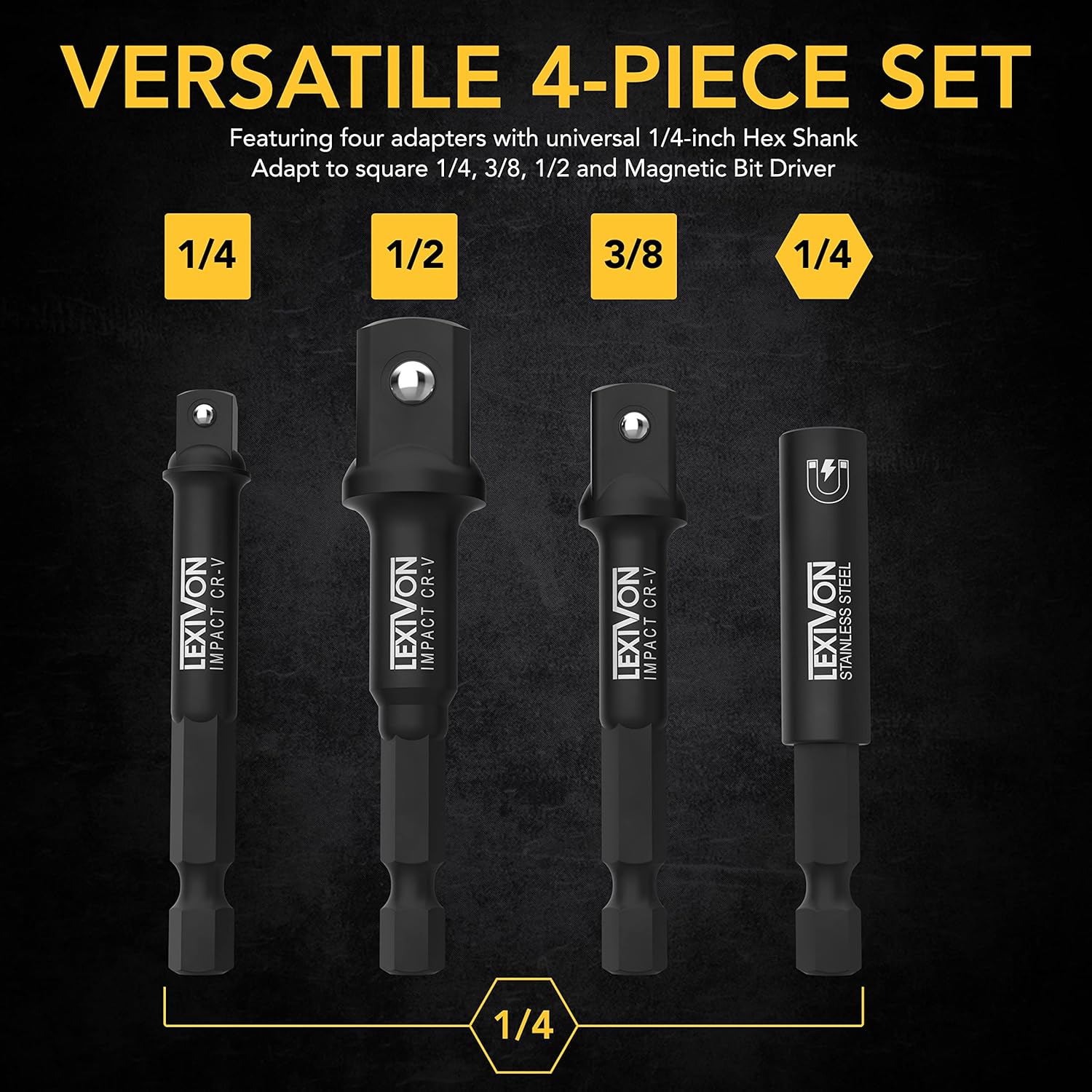 Thumbnail 5 de LEXIVON Impact Stecknuss-Adapter Set (4-teilig) mit Magnetic Bit-Halter: 1/4", 3/8" und 1/2" Drive auf 1/4" Hex Schaft