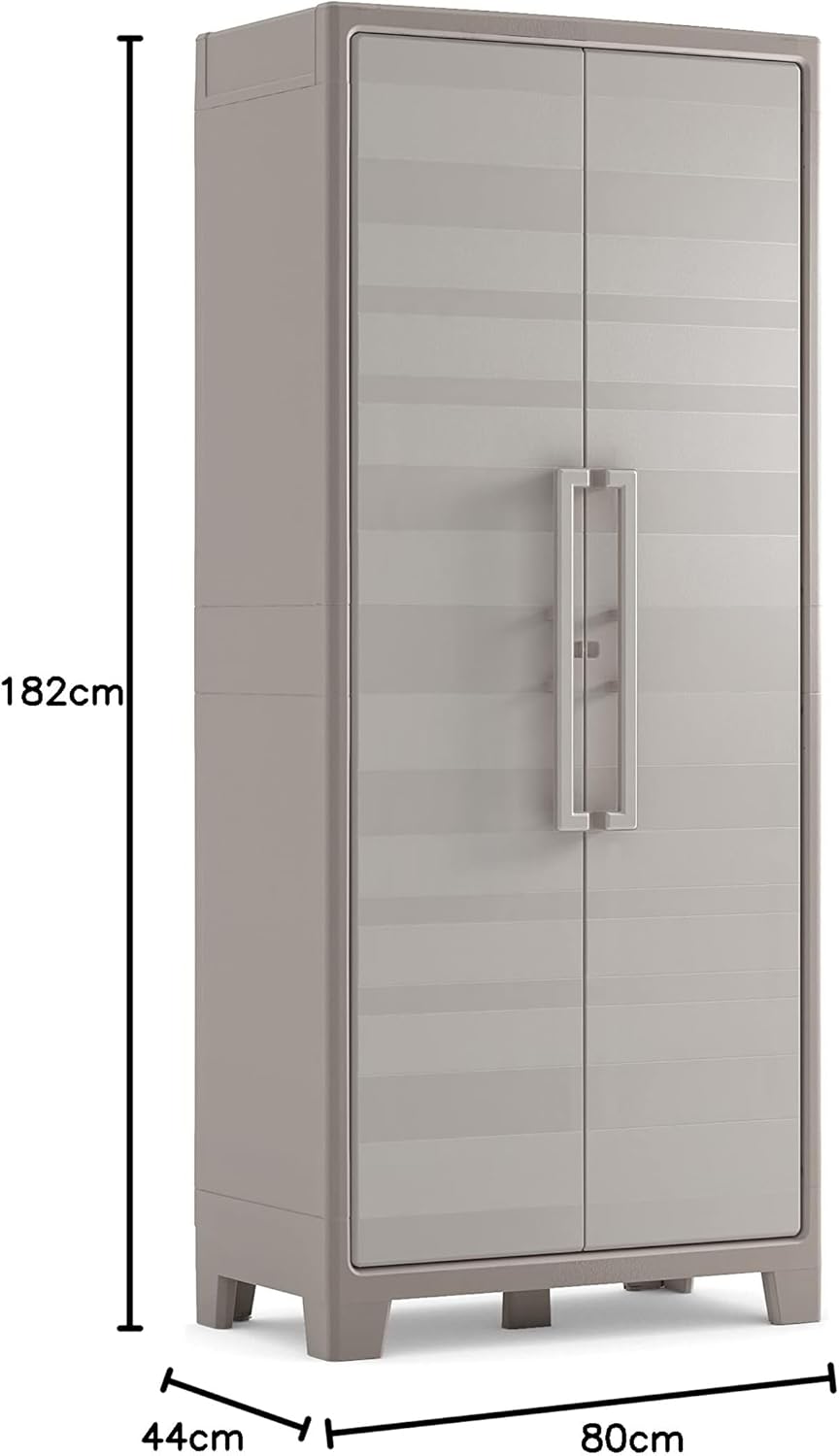 Detalle 1 de Keter Armario Gulliver escobero de resina beige (80 x 44 x 182 cm), 2 puertas y 8 baldas regulables