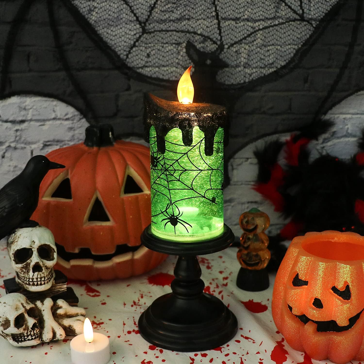 Detalle 2 de Eldnacele RD001-G Spider Halloween Snow Globe Candle, Green LED, 4" x 10