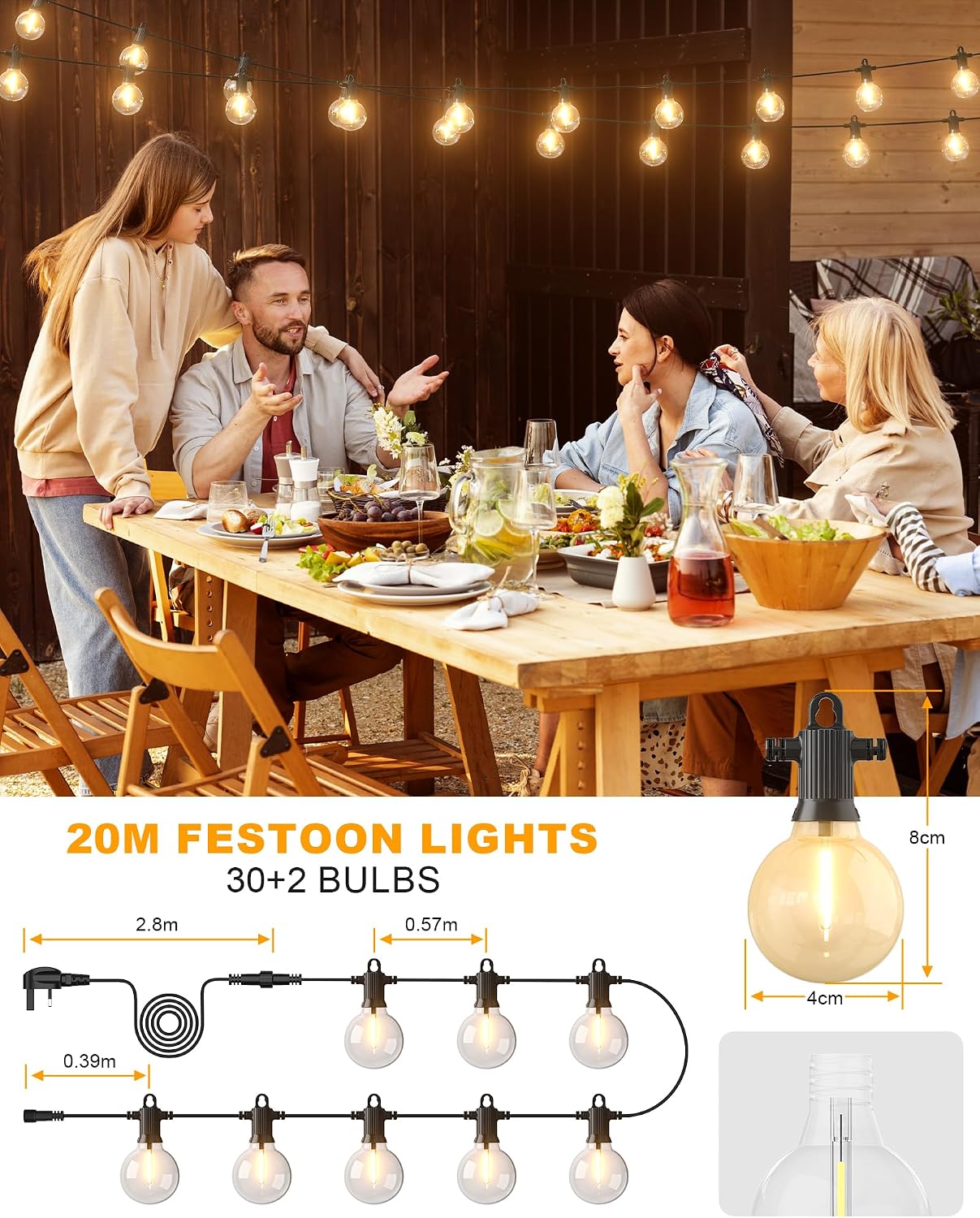 Thumbnail 1 de Zuske Outdoor Festoon Lights Mains Powered 20m, IP65, 30+2 Shatterproof Bulbs – Warm White