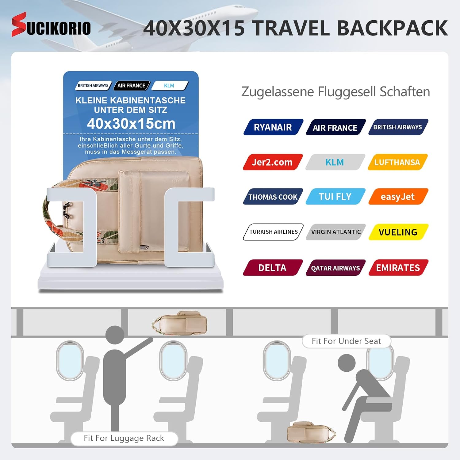 Thumbnail 1 de SUCIKORIO 40x30x15cm underseat travel backpack with 14-inch laptop compartment