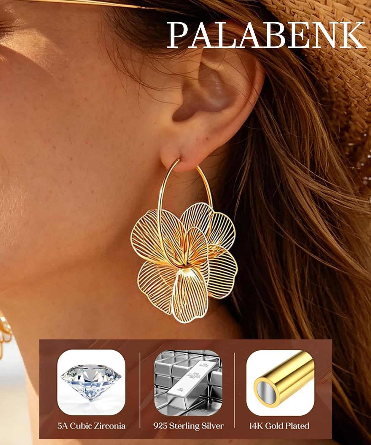 Detalle 2 de Flower Dangle Earrings, 14K Gold-Plated Silver